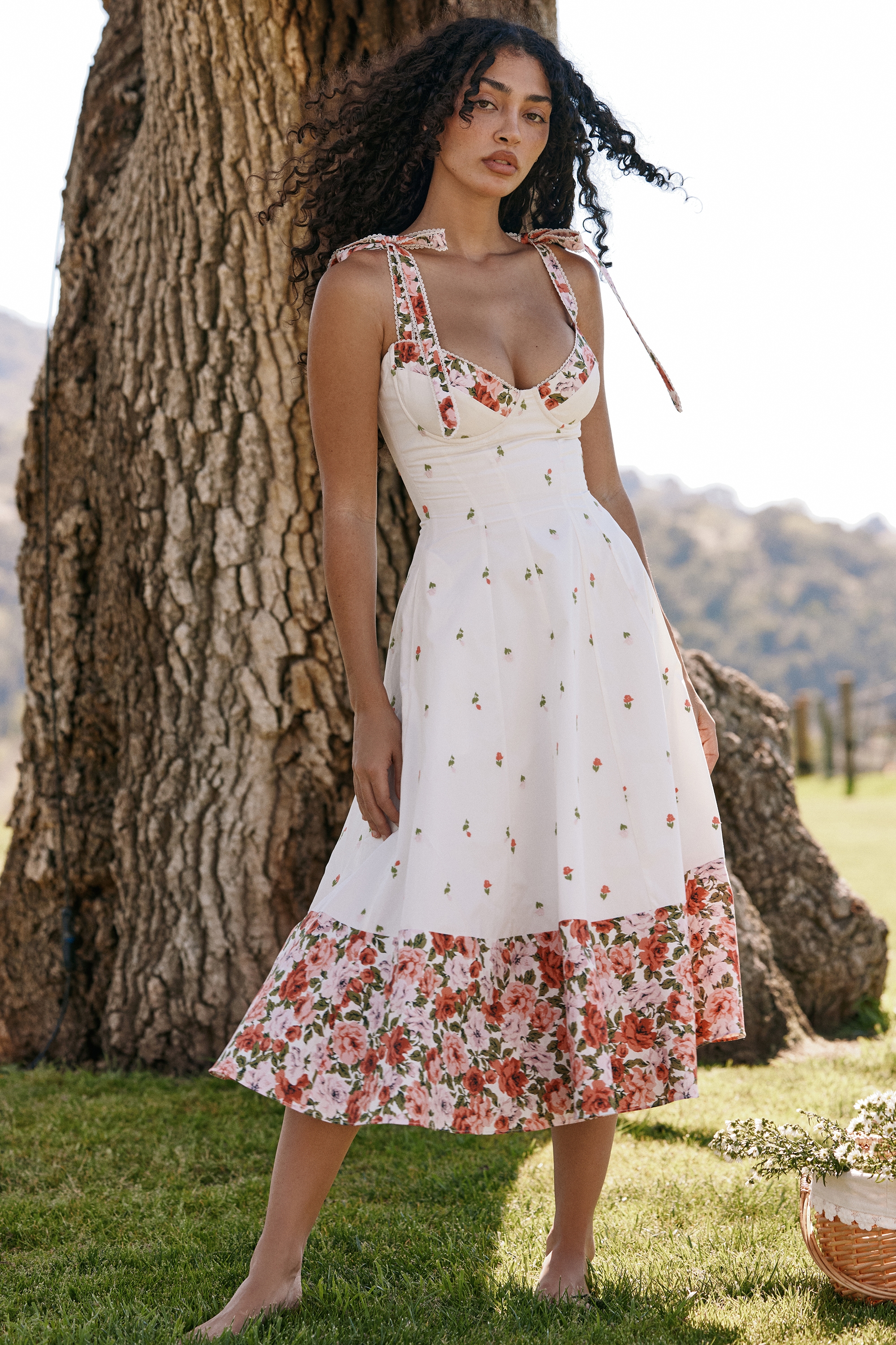 Emely  White Floral Print Stretch Cotton Midi Sundress — image 2