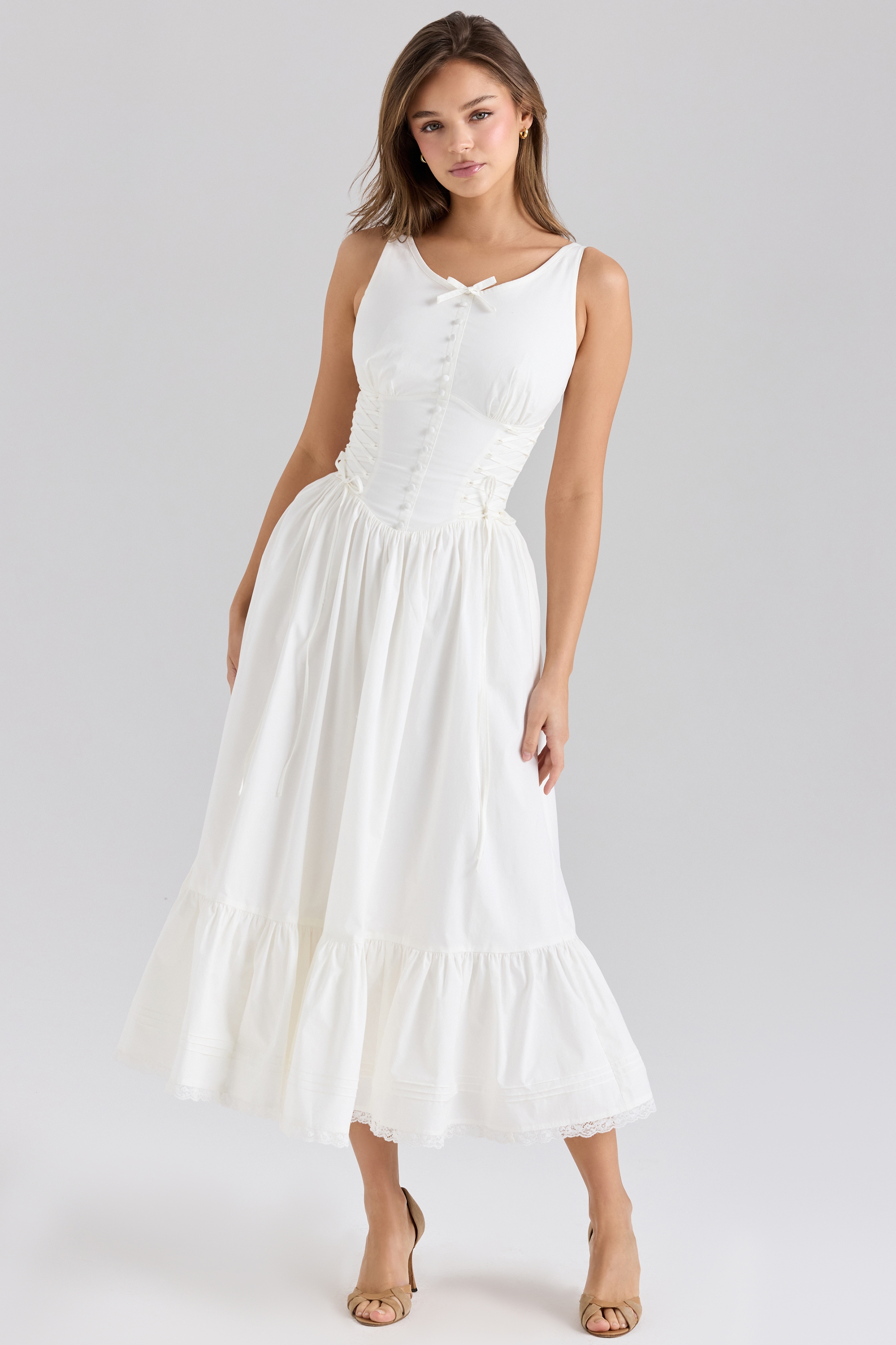 Sienna White Stretch Cotton Lace Up Midi Dress