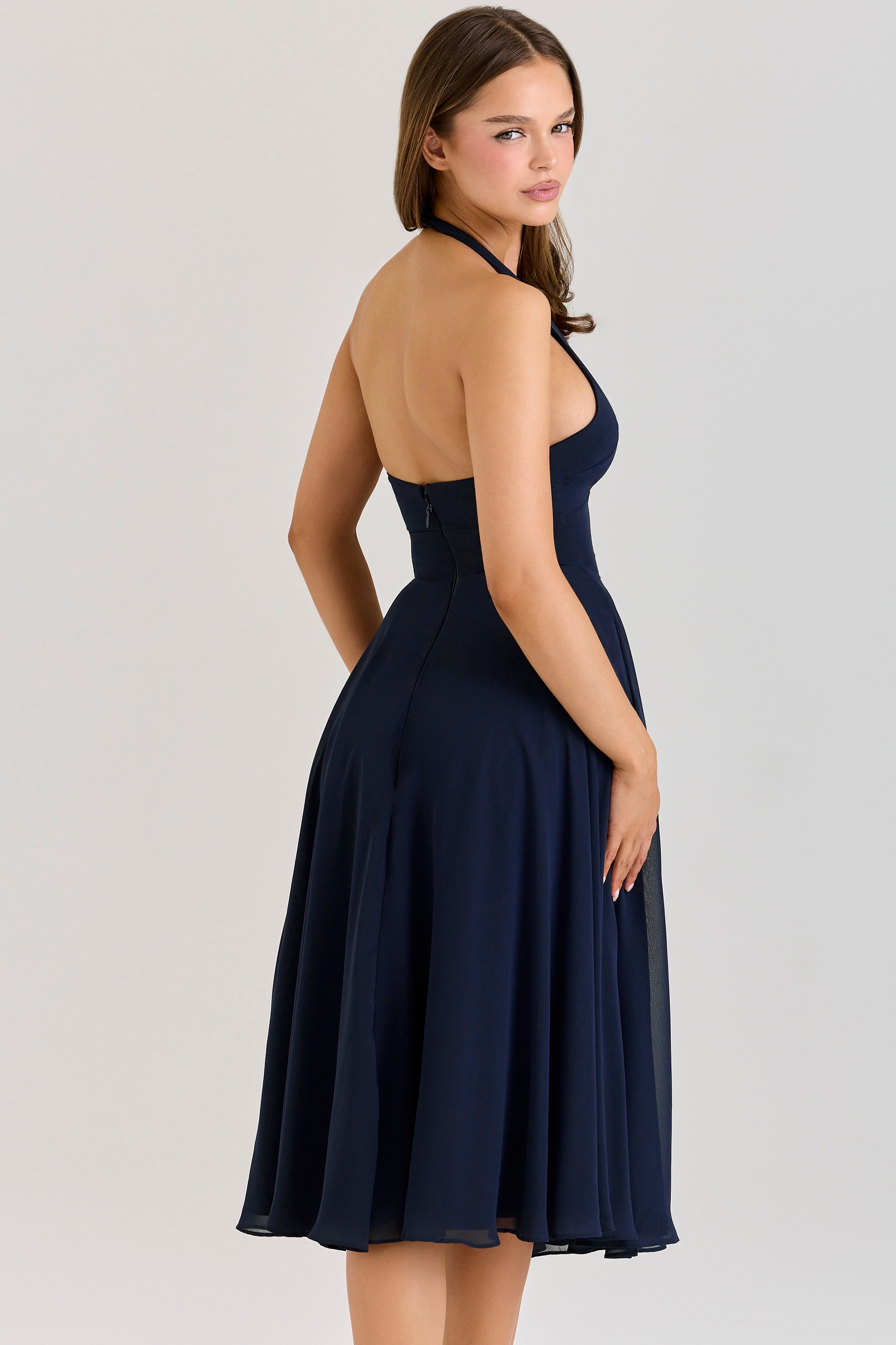 Solada  Navy Georgette Halter Midi Dress — image 7