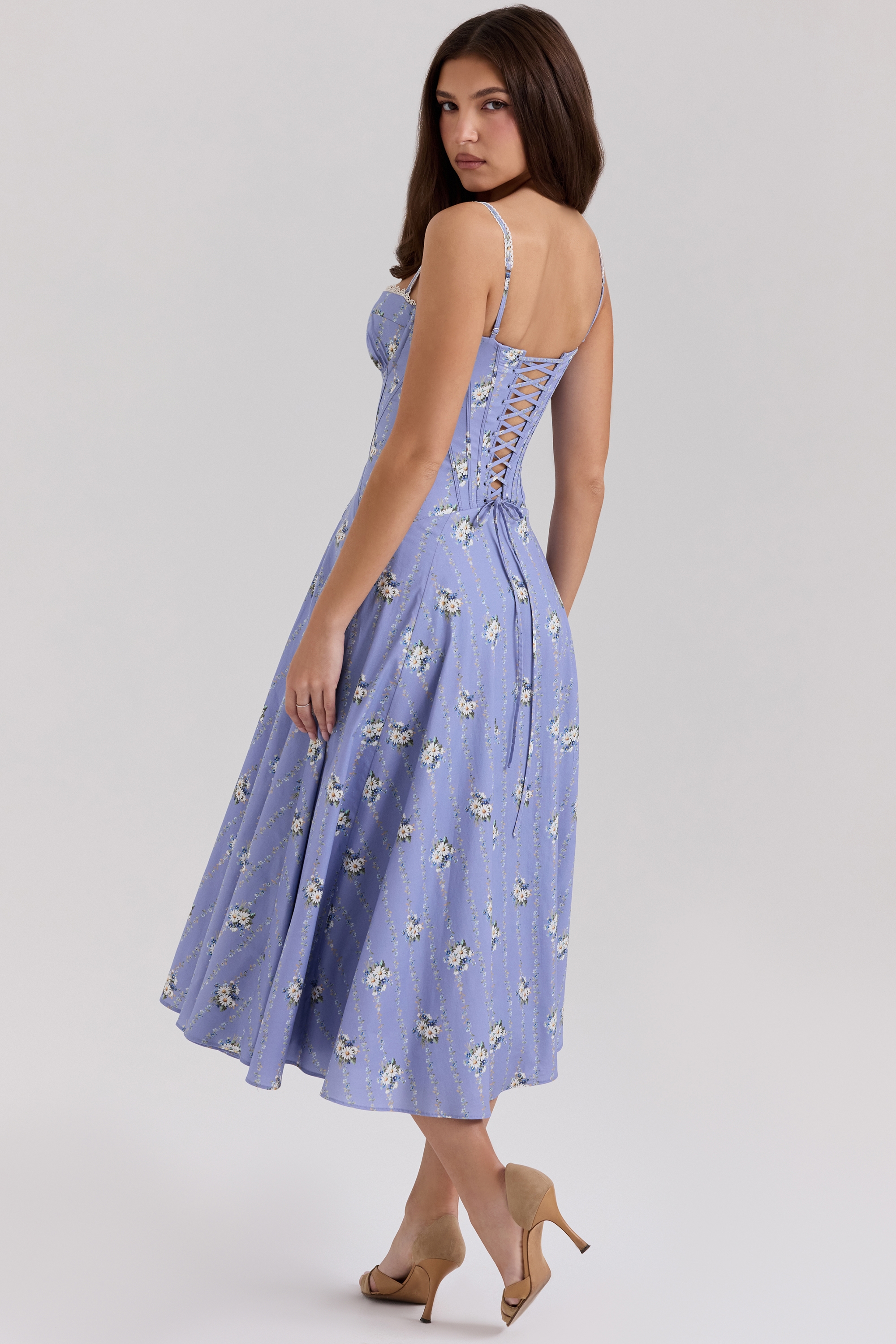 Steffani  Blue Daisy Print Stretch Cotton Midi Sundress — image 6