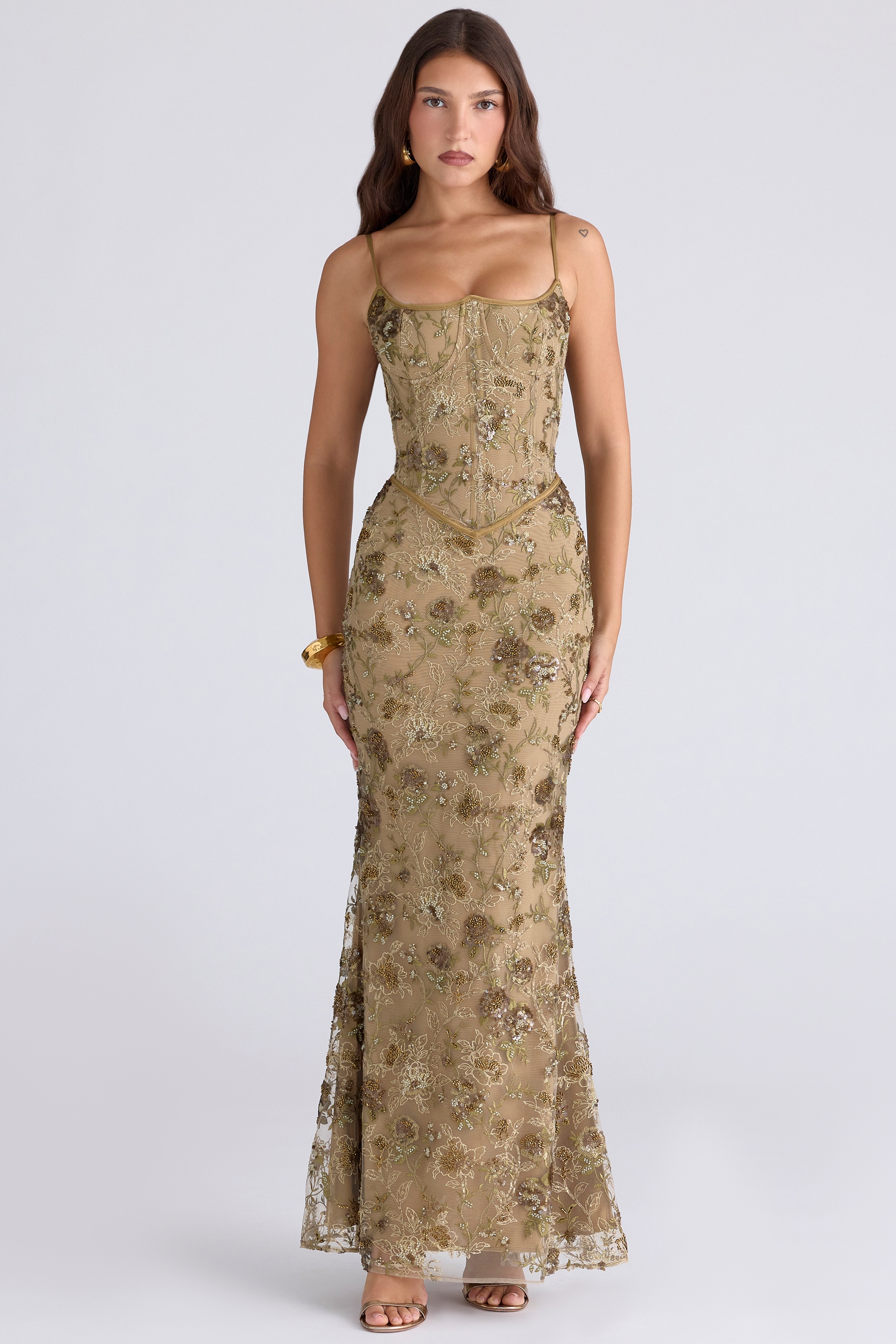 Naima  Olive Bronze Hand Beaded Embellished Corset Maxi Dress - Limited Edition — image 1