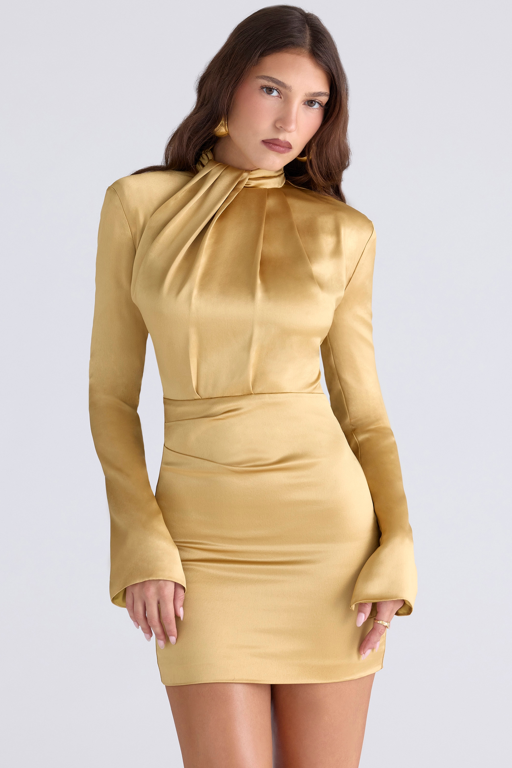 Amala  Gold Long Sleeve Satin Mini Dress — image 4
