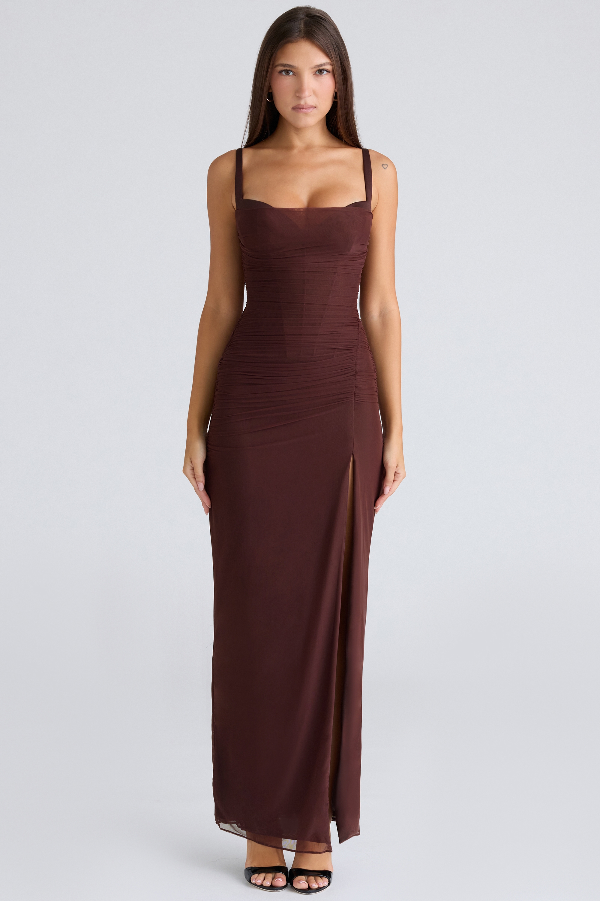Lini  Burgundy Stretch Mesh Maxi Dress — image 3