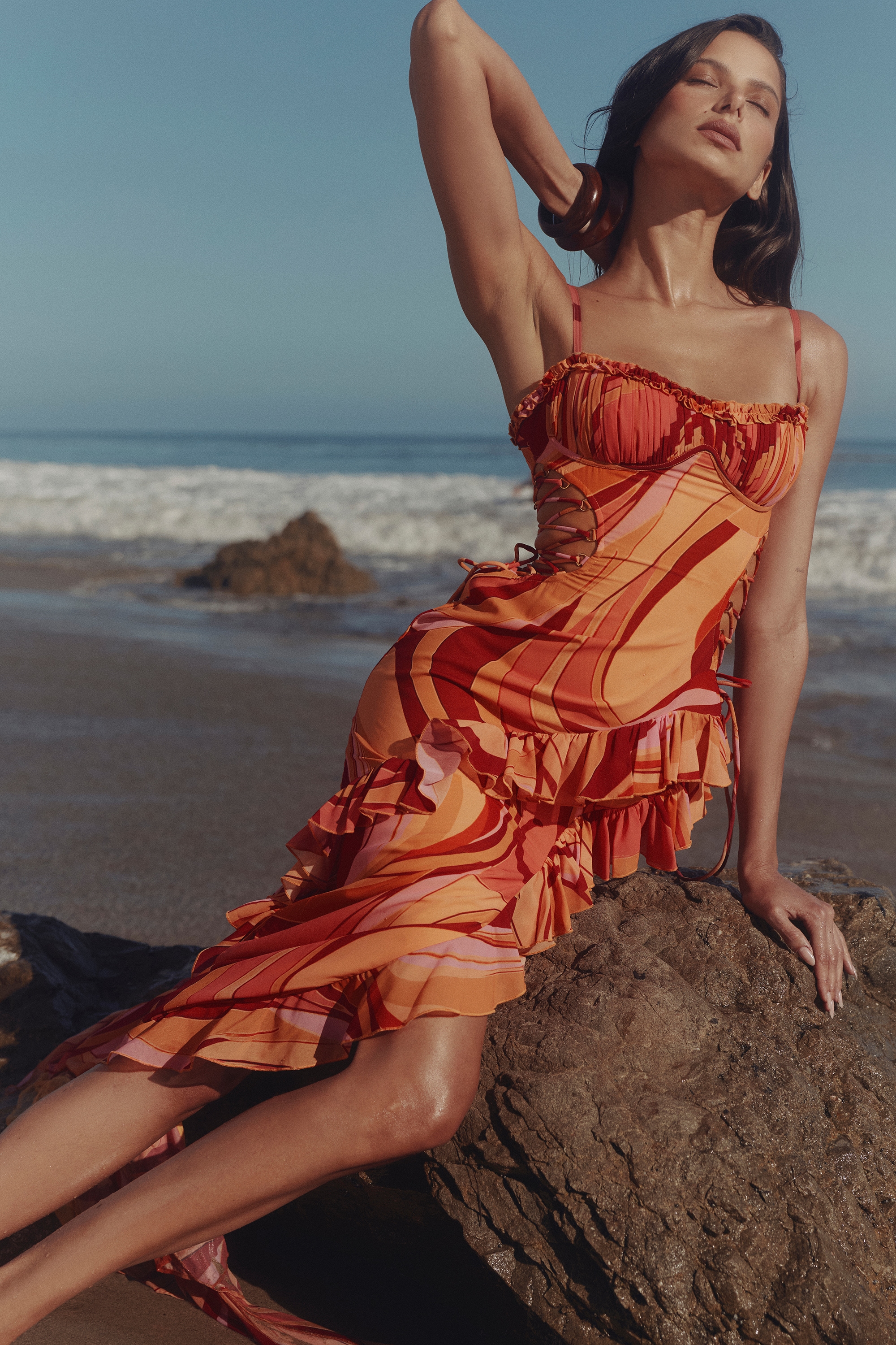 Lumira  Sunset Swirl Print Ruffle Cut Out Maxi Dress — image 9