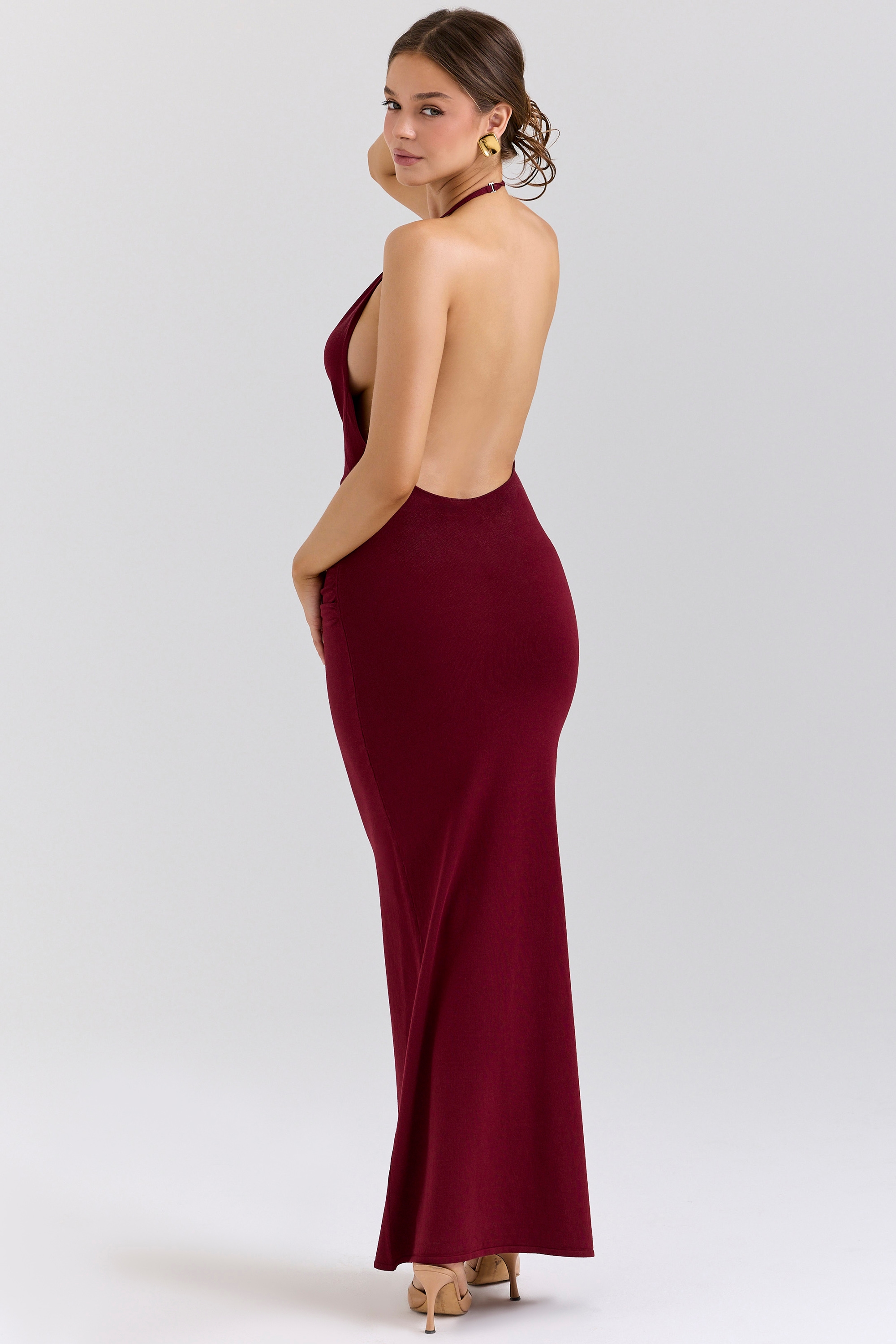 Thalina  Wine Draped Halter Neck Maxi Dress — image 6