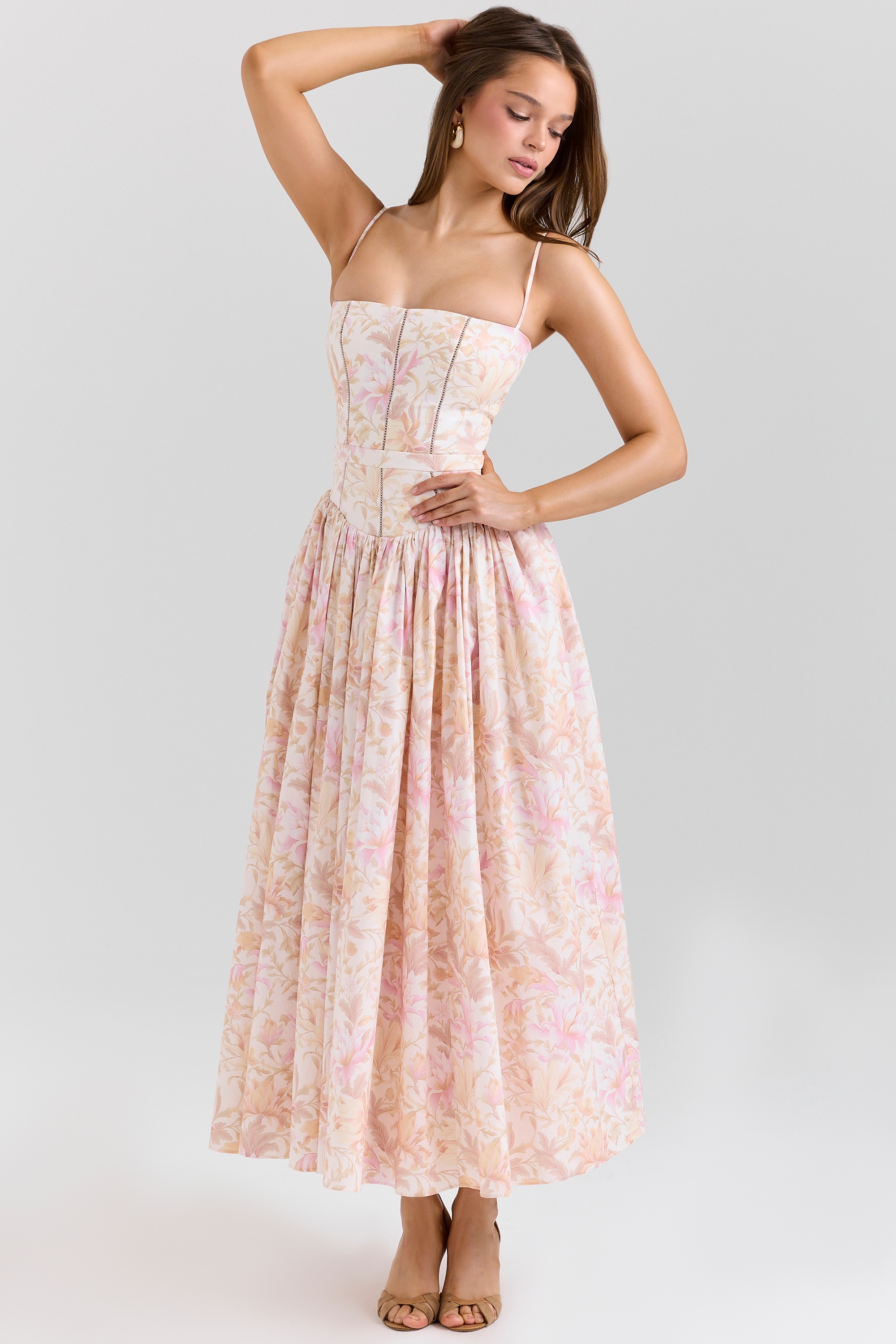 Ysabella  Peach Floral Print Stretch Cotton Midi Sundress — image 3