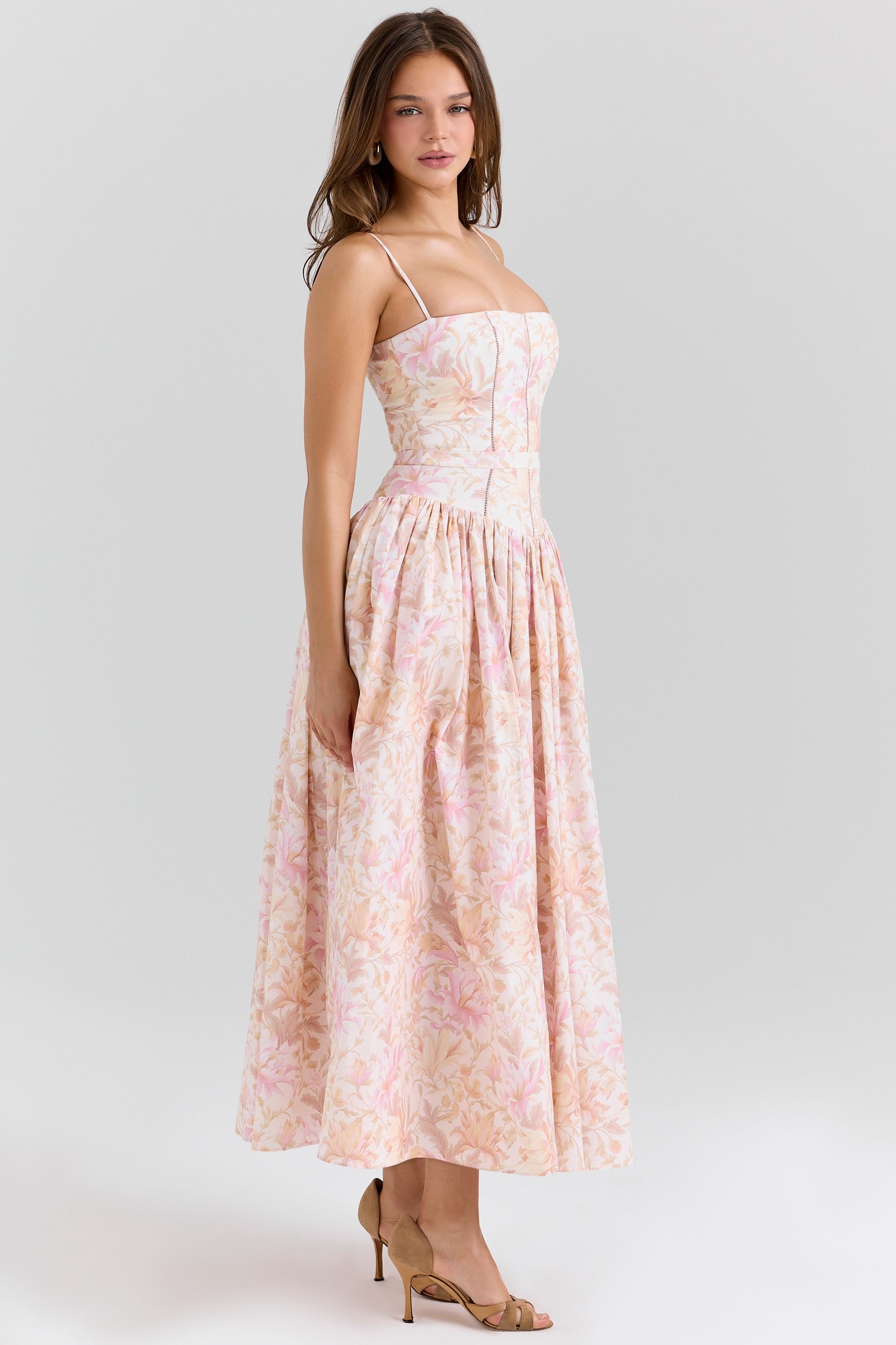 Ysabella  Peach Floral Print Stretch Cotton Midi Sundress — image 5