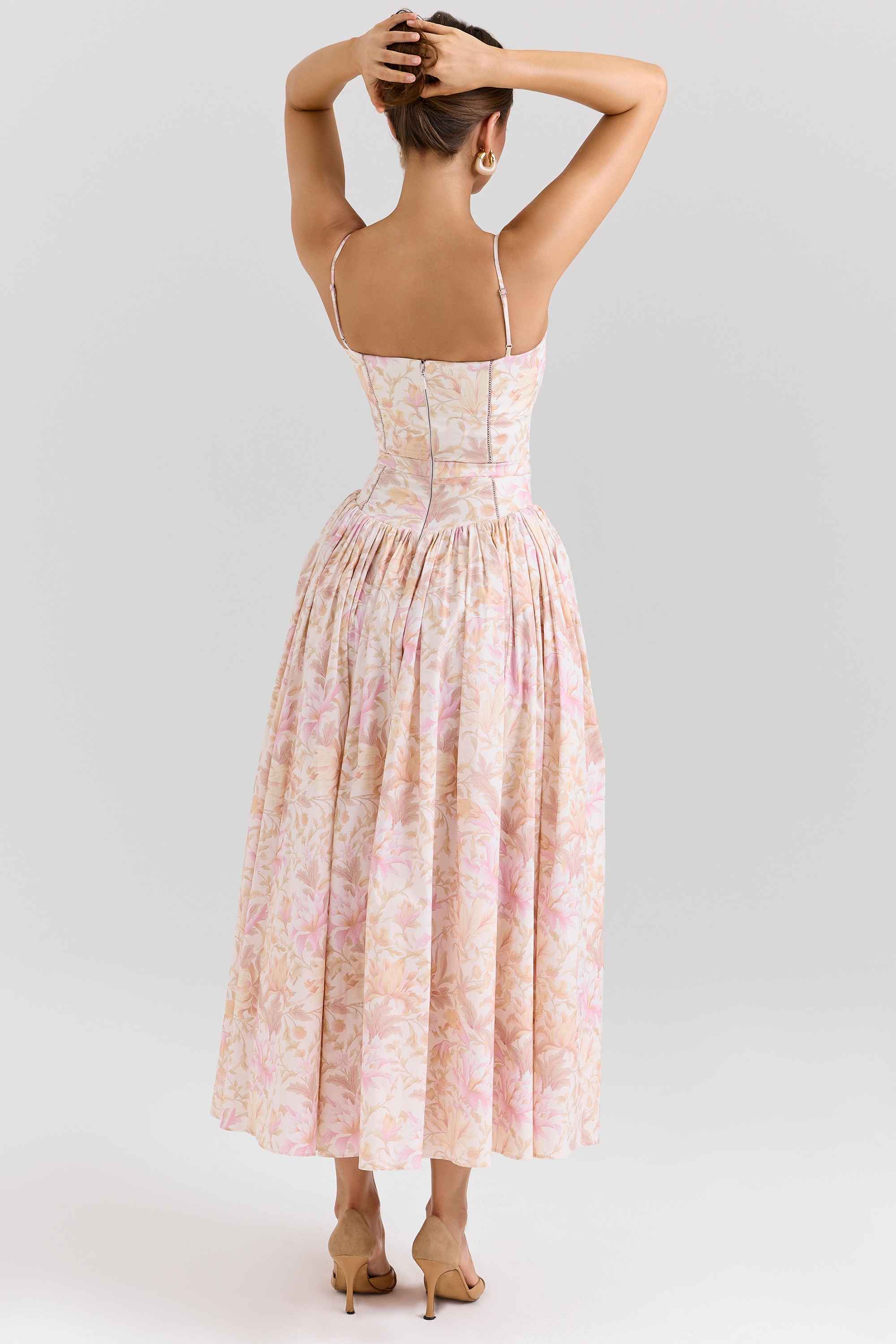 Ysabella  Peach Floral Print Stretch Cotton Midi Sundress — image 6