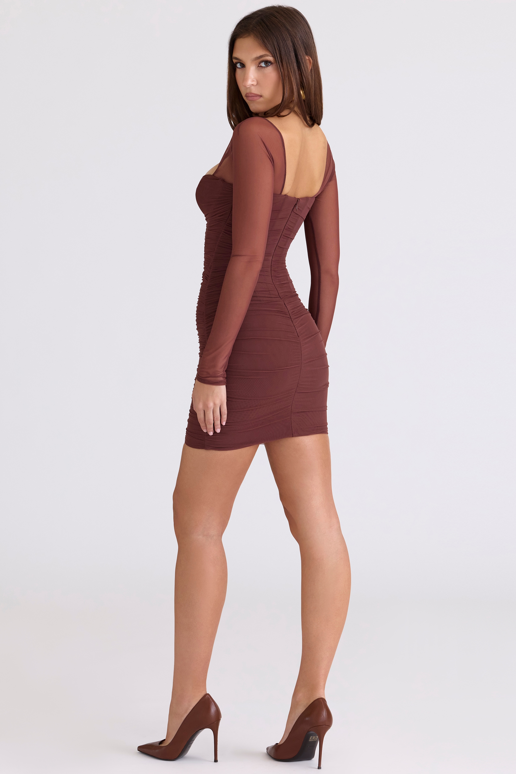 Anouk  Mocha Mesh Long Sleeve Mini Dress — image 2