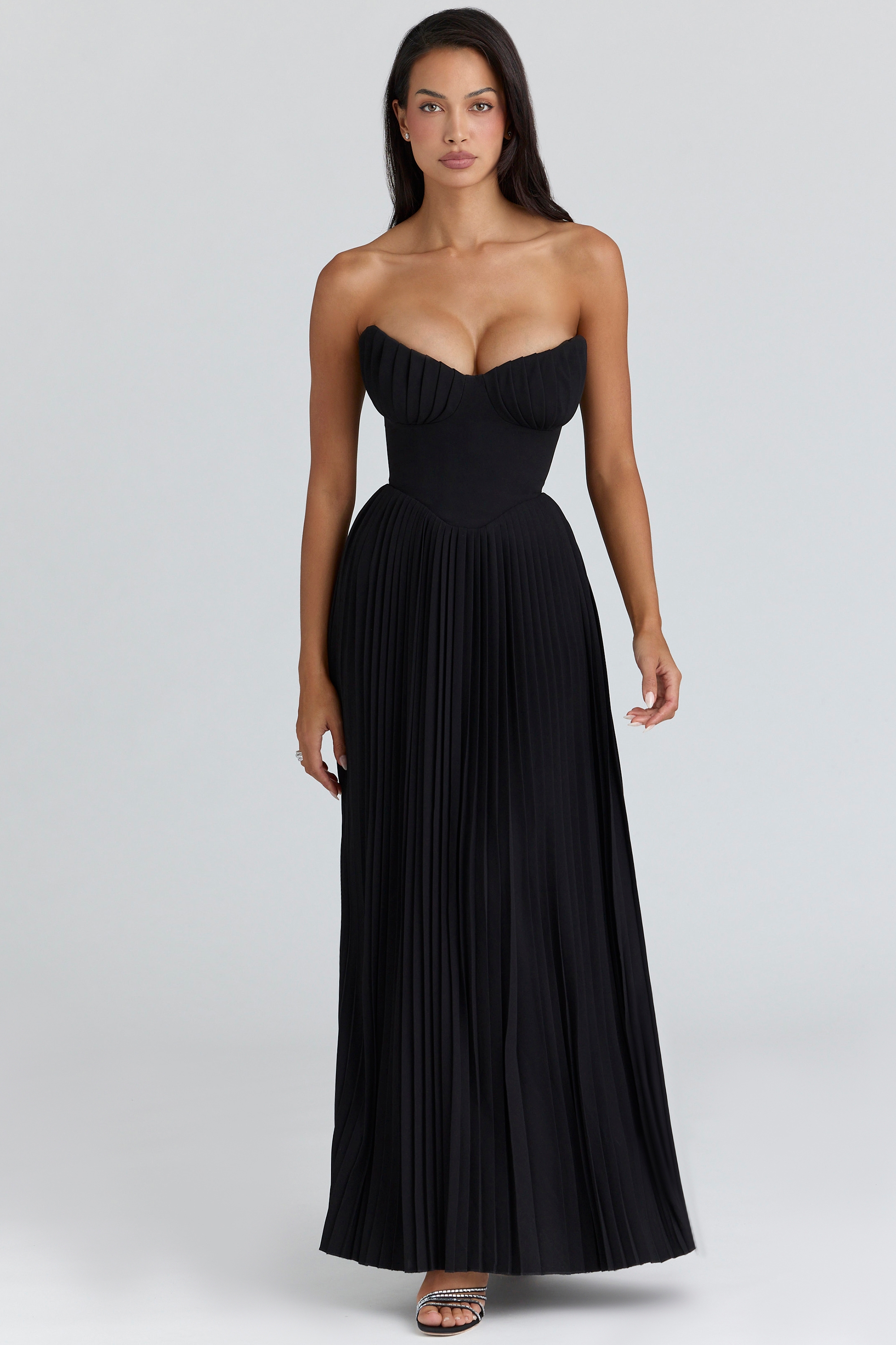 Marcella Black Georgette Pleated Maxi Dress