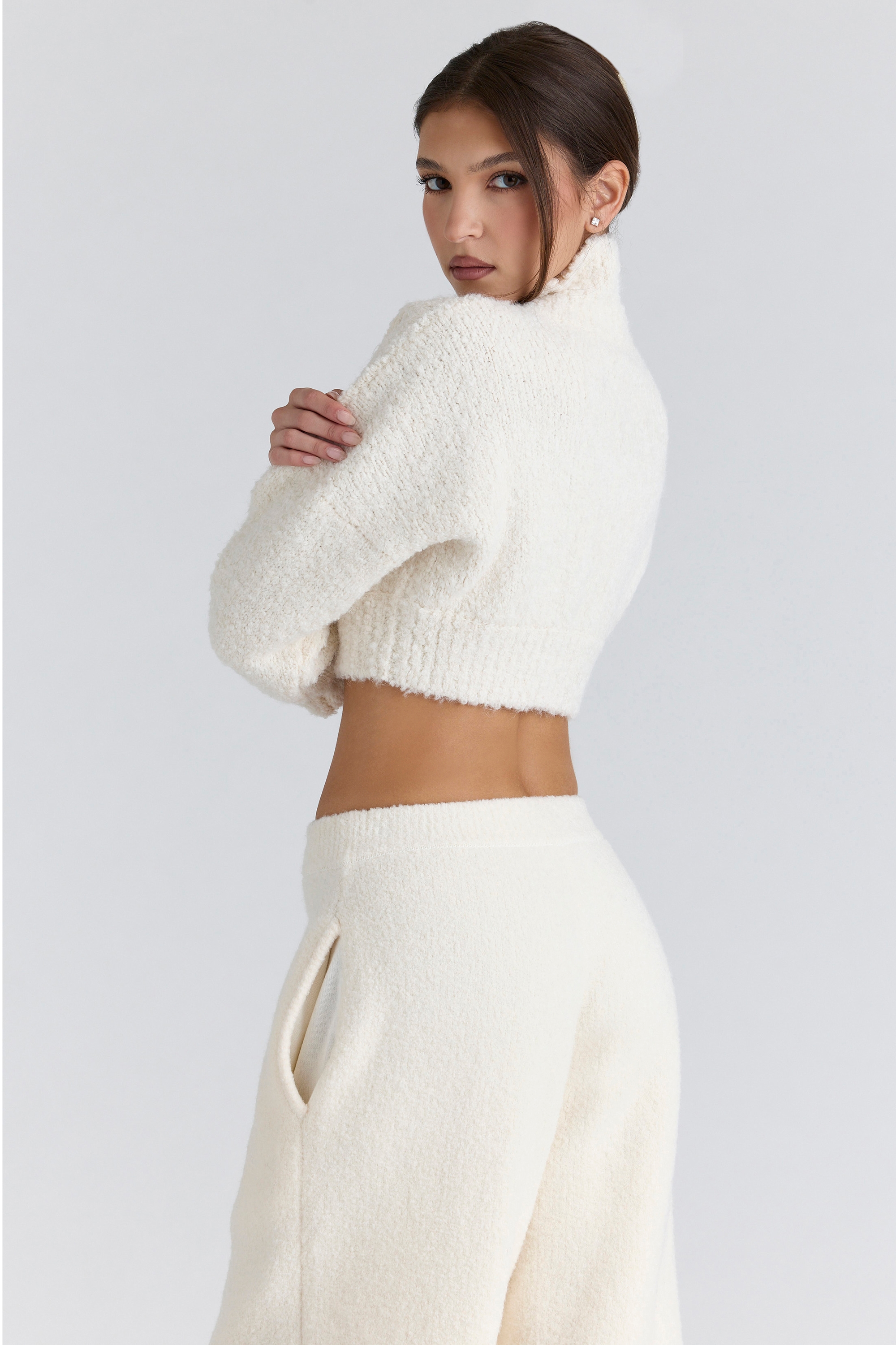 Cheyenne  Ivory Cropped Chunky Boucle Wool Knit Sweater — image 2
