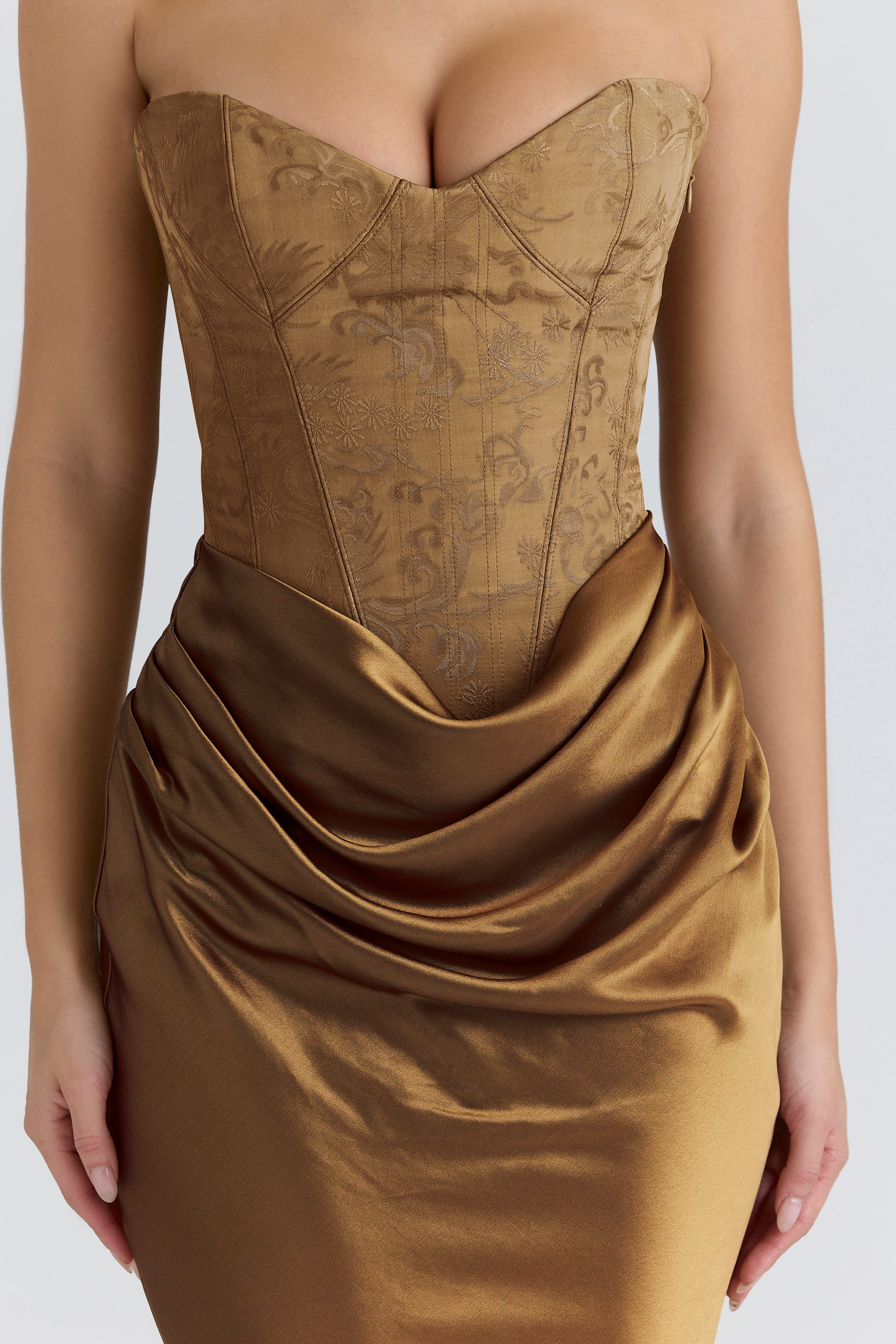 Aurelia  Bronze Brocade Satin Corset Maxi Dress — image 8