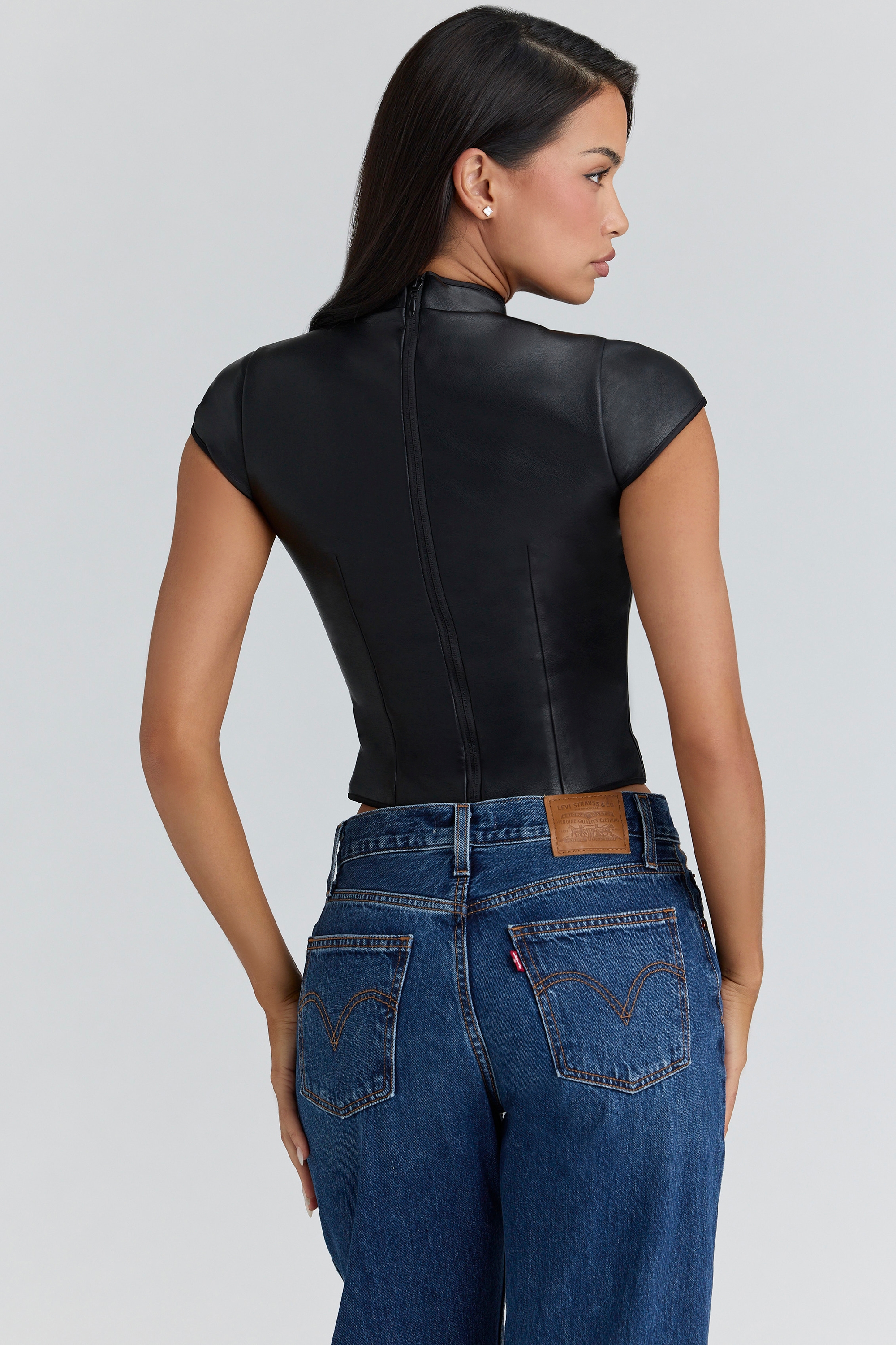Bobbi  Black Vegan Leather Mandarin Collar Top — image 8
