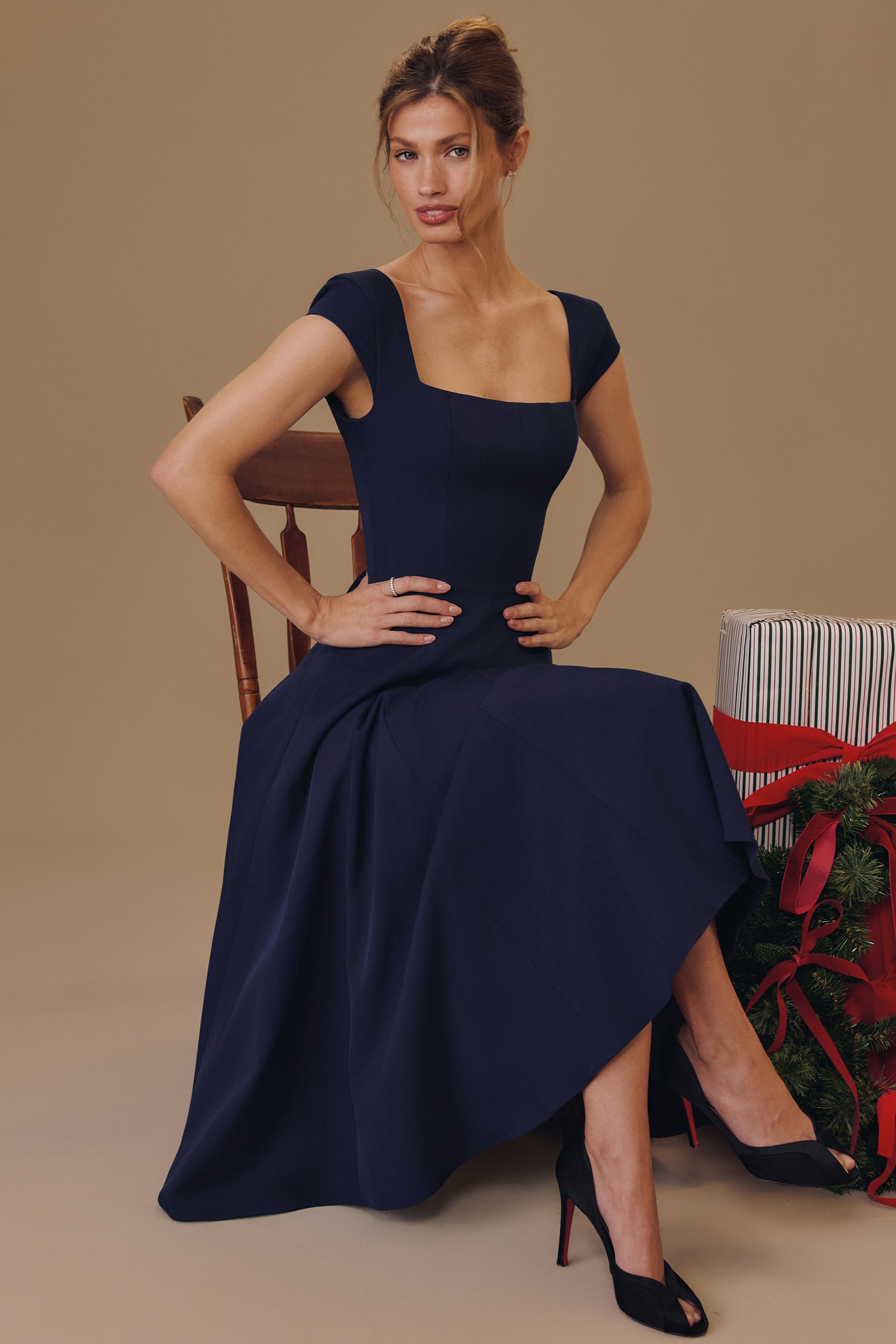 Raisa  Navy Lace Back Twill Midi Dress — image 5
