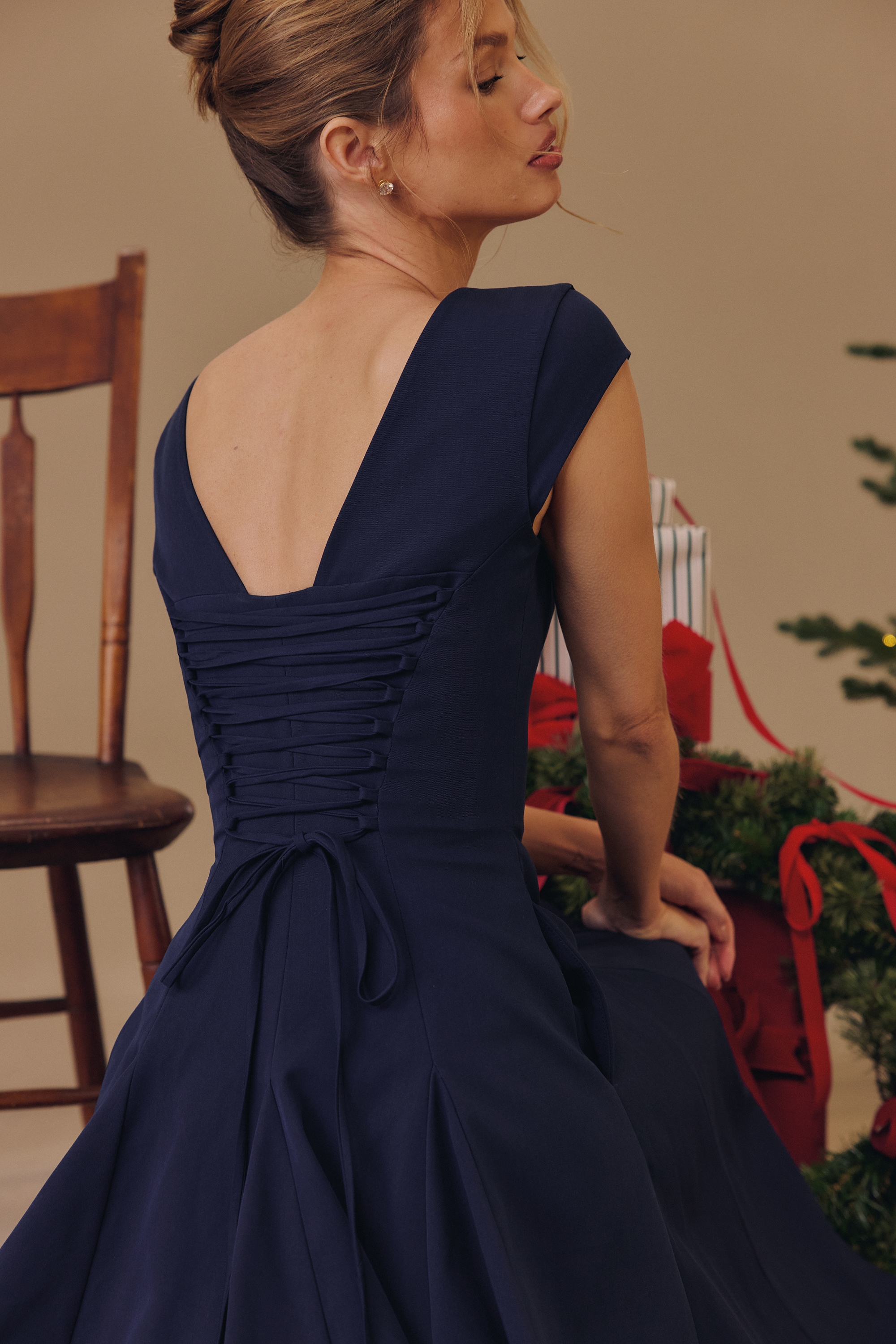Raisa  Navy Lace Back Twill Midi Dress — image 3