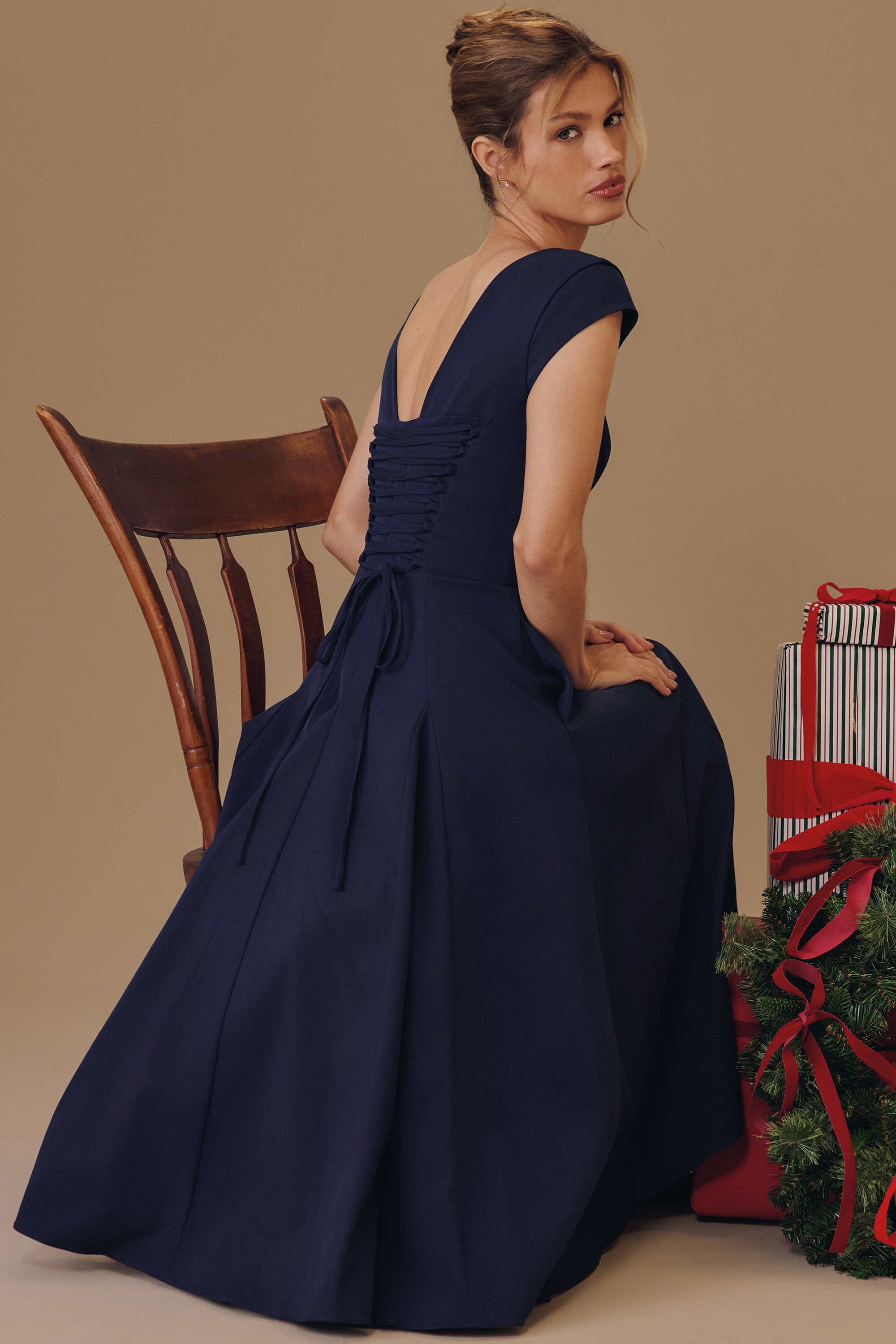 Raisa  Navy Lace Back Twill Midi Dress — image 8