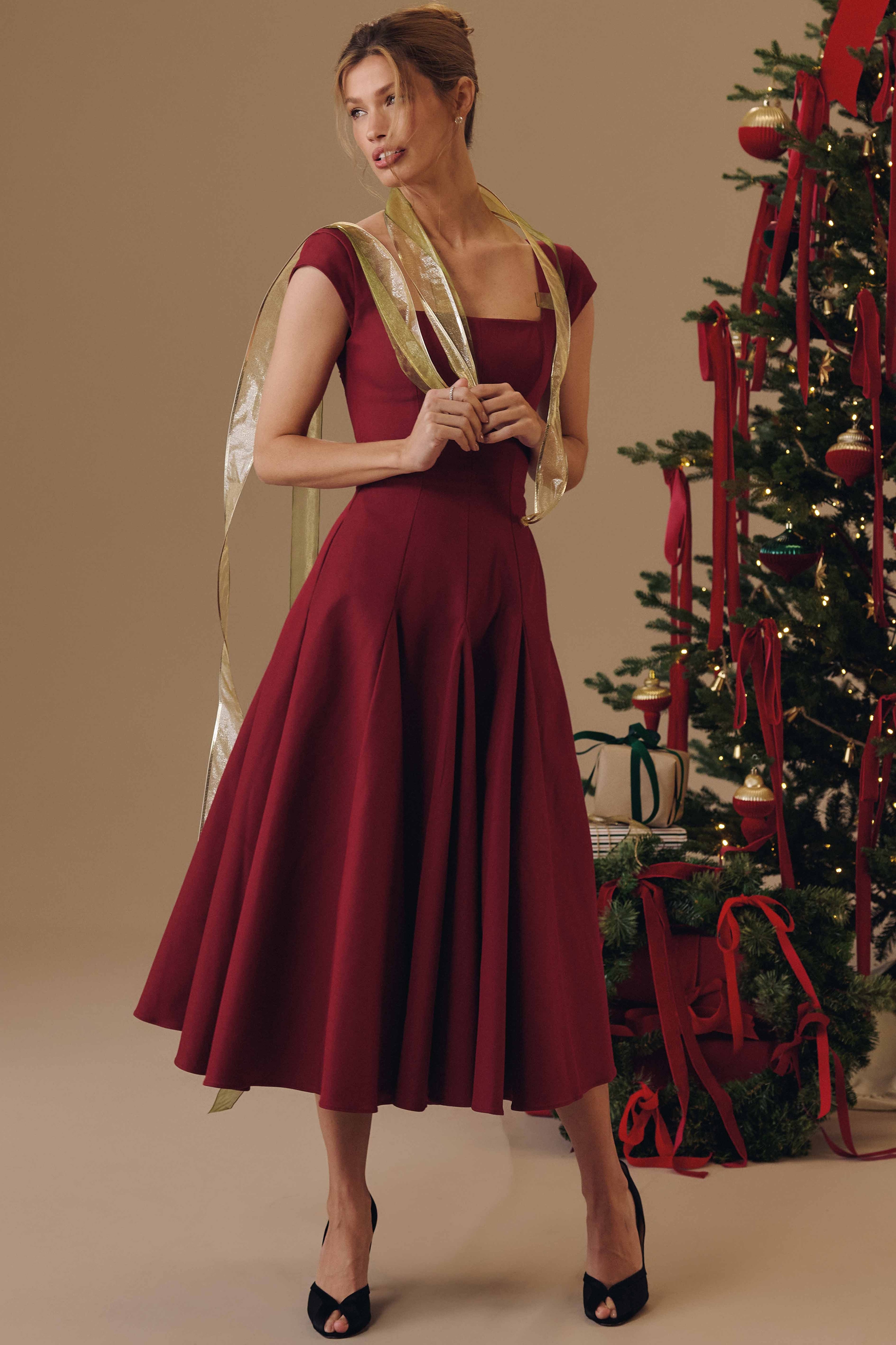 Raisa  Wine Lace Back Twill Midi Dress — image 5