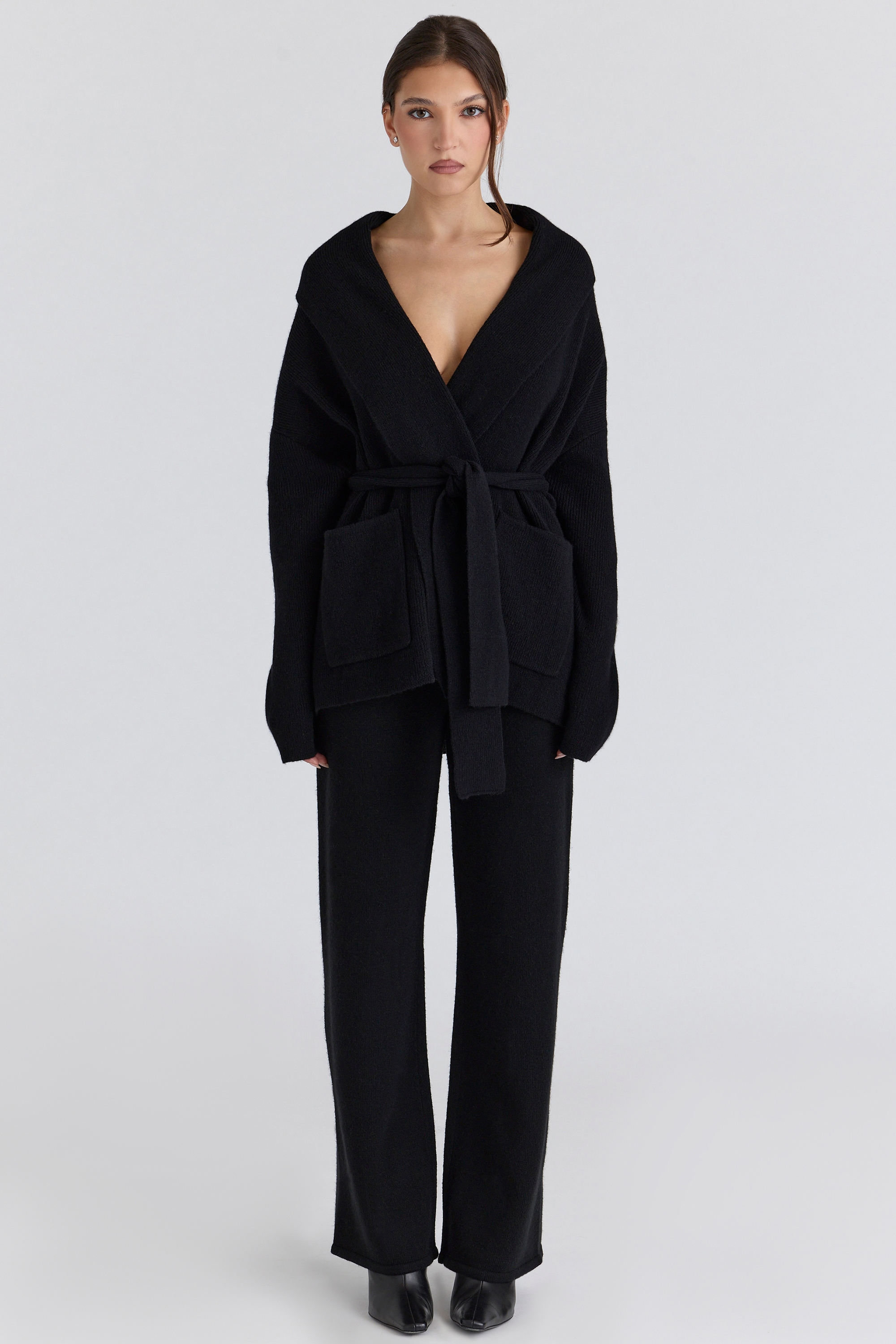 Madison  Black Pure Wool Draped Front Cardigan — image 5