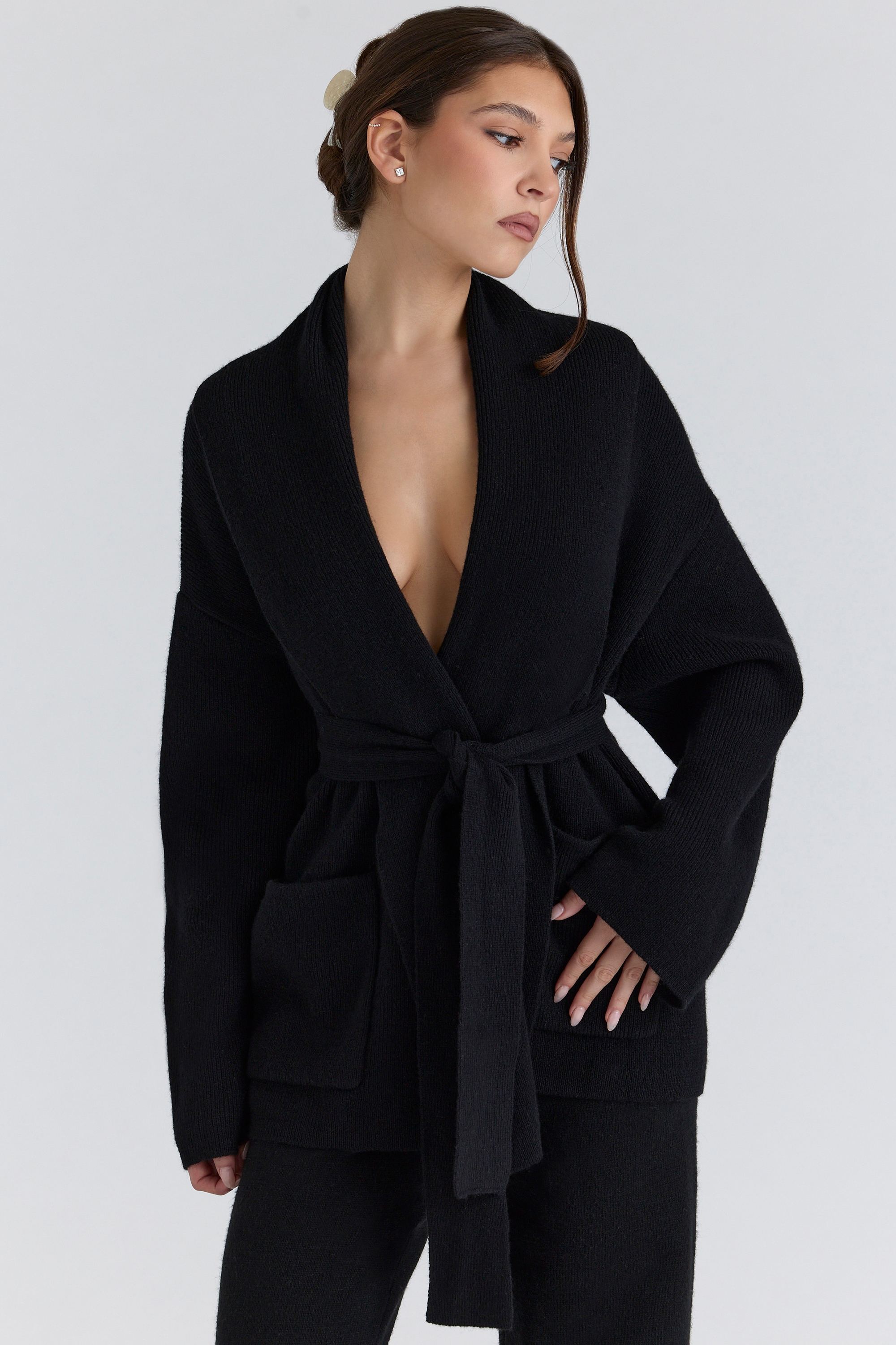 Madison  Black Pure Wool Draped Front Cardigan — image 3