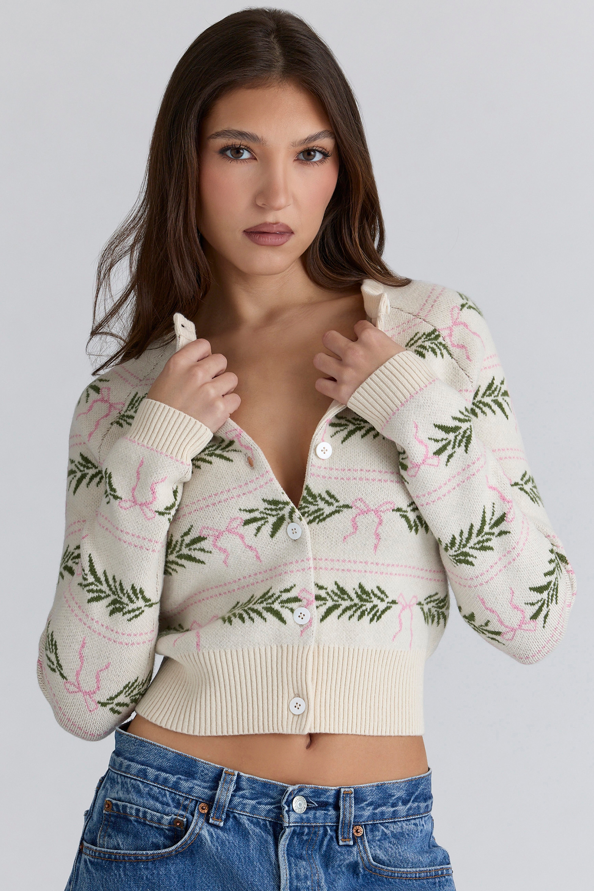 Mistle-Bow All Over Print Wool Cardigan