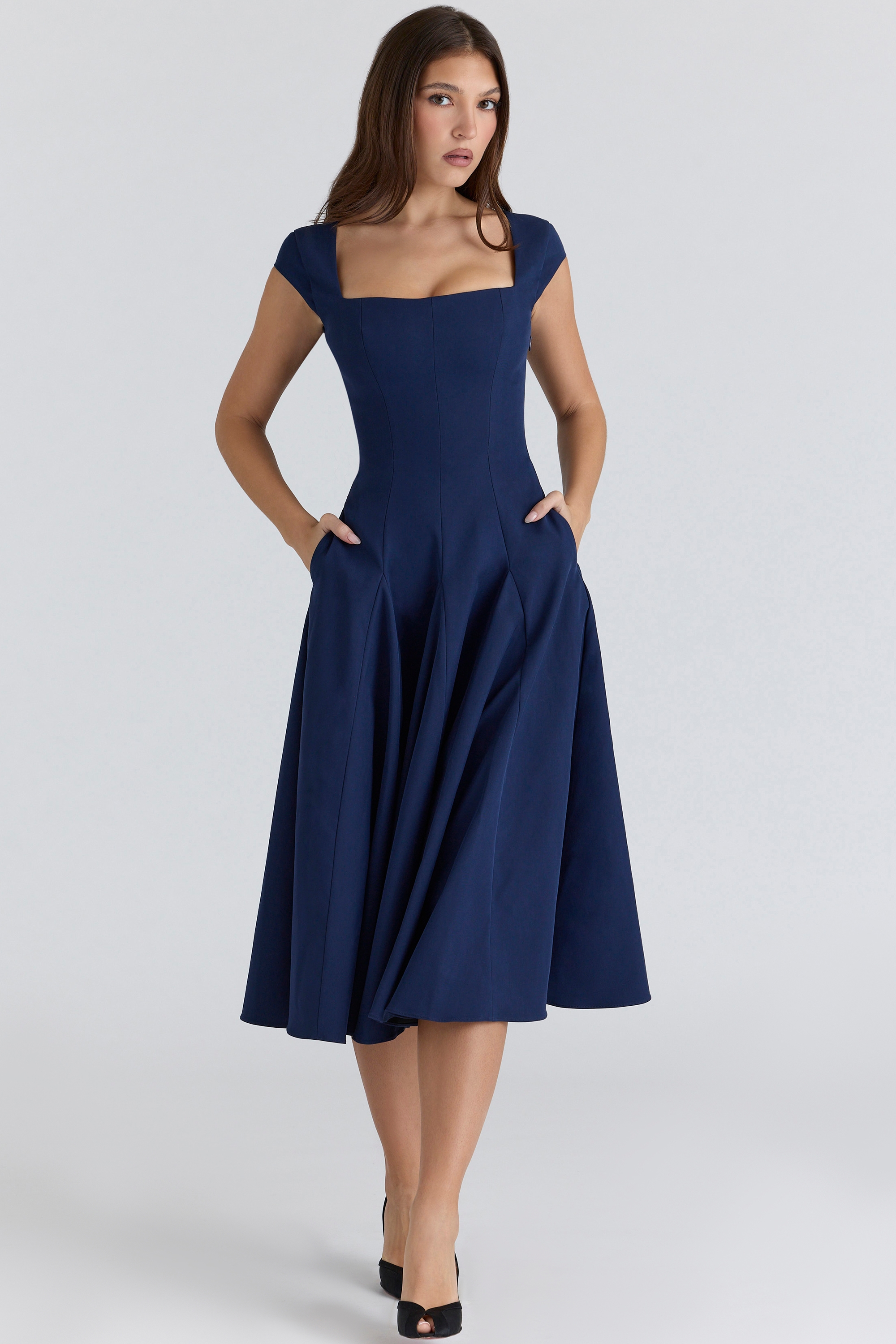 Raisa  Navy Lace Back Twill Midi Dress — image 6