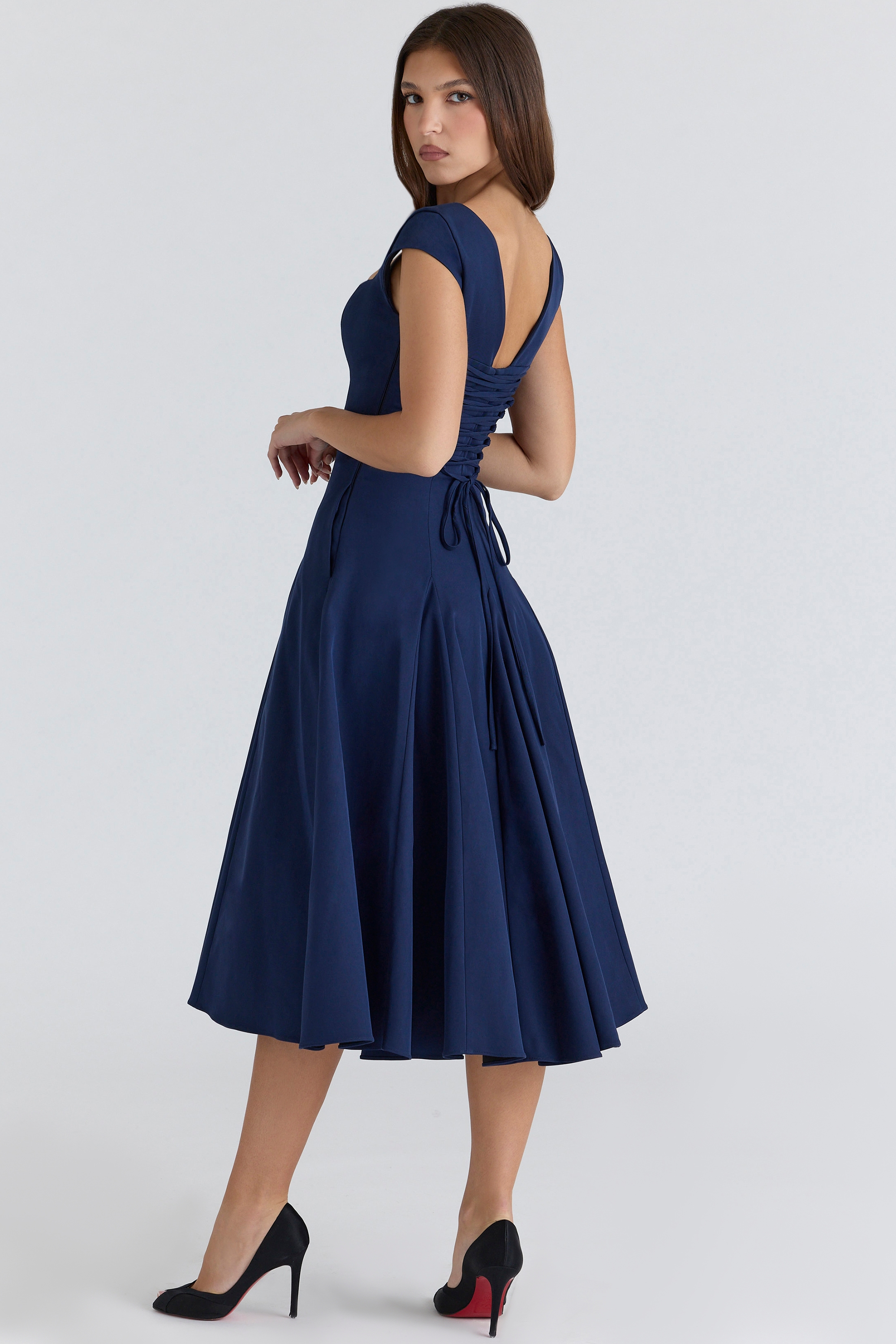 Raisa  Navy Lace Back Twill Midi Dress — image 7