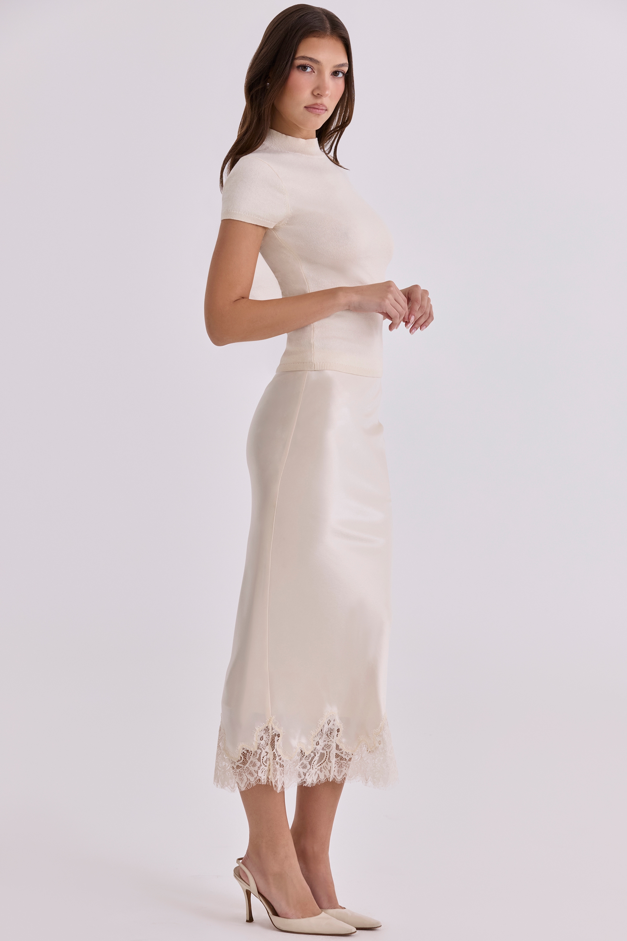 Ciara  Vintage Ivory Satin + Lace Midi Skirt — image 6