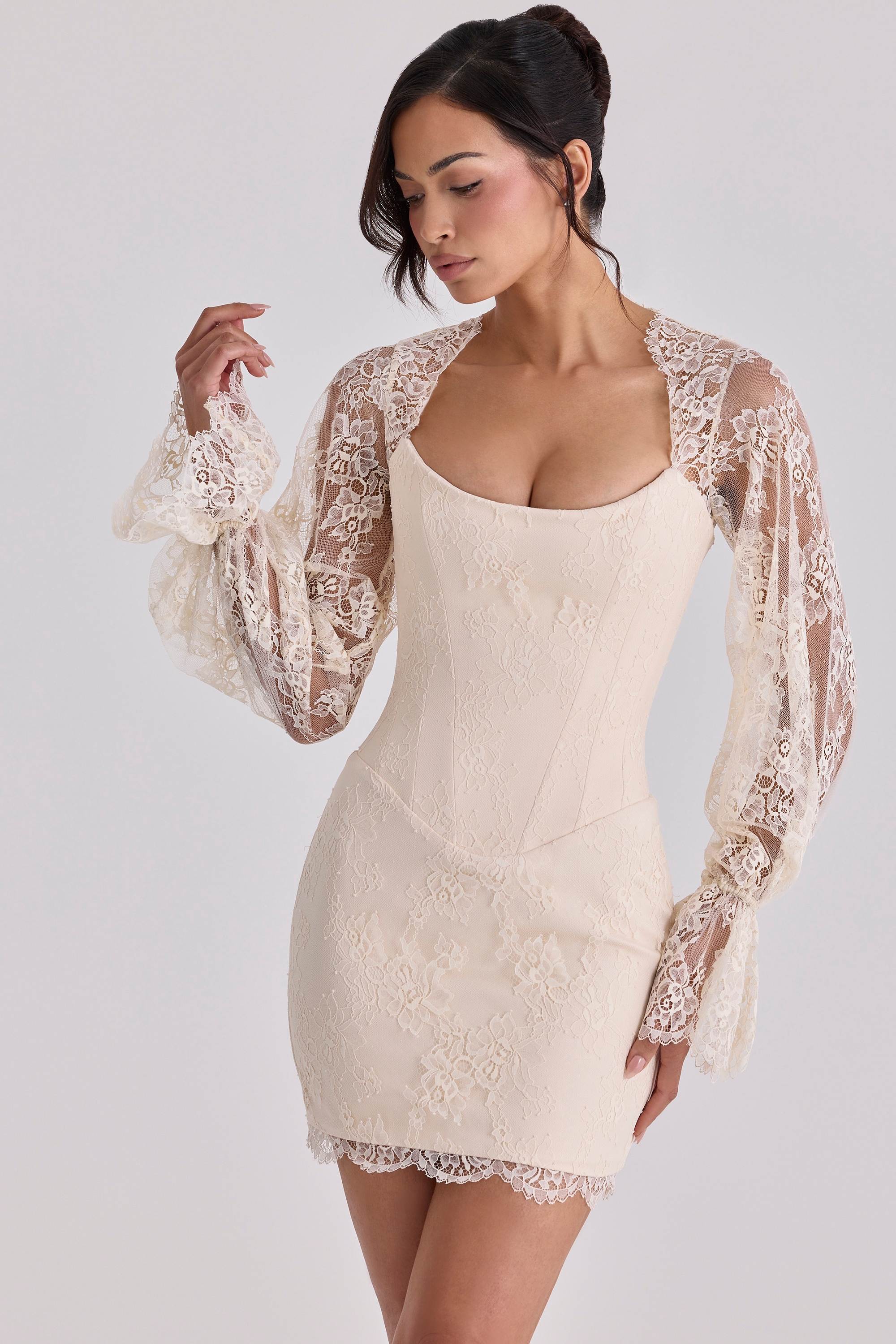 Aliana  Vintage Ivory Lace Long Sleeve Mini Corset Dress — image 7