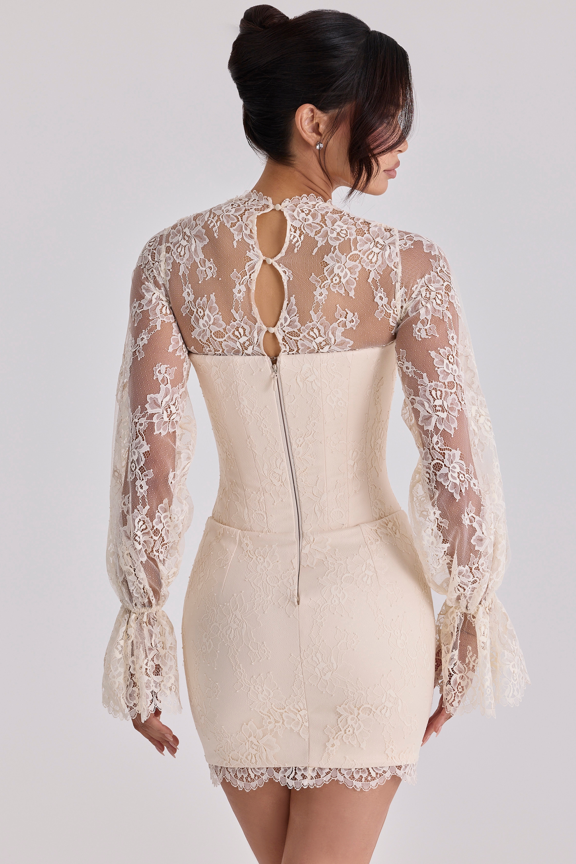 Aliana  Vintage Ivory Lace Long Sleeve Mini Corset Dress — image 9