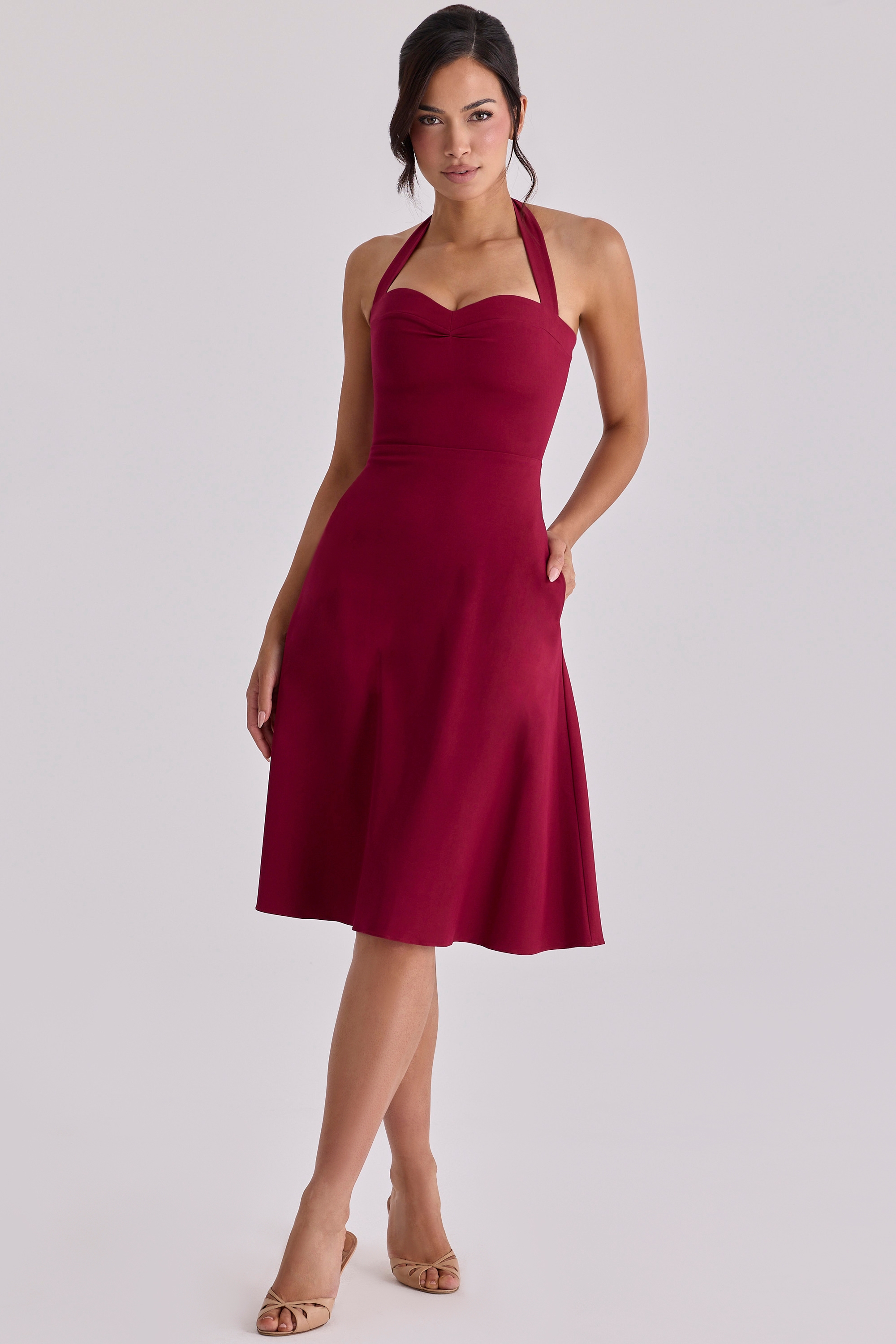 Carolla  Wine Soft Twill Halter Neck Midi Dress — image 5