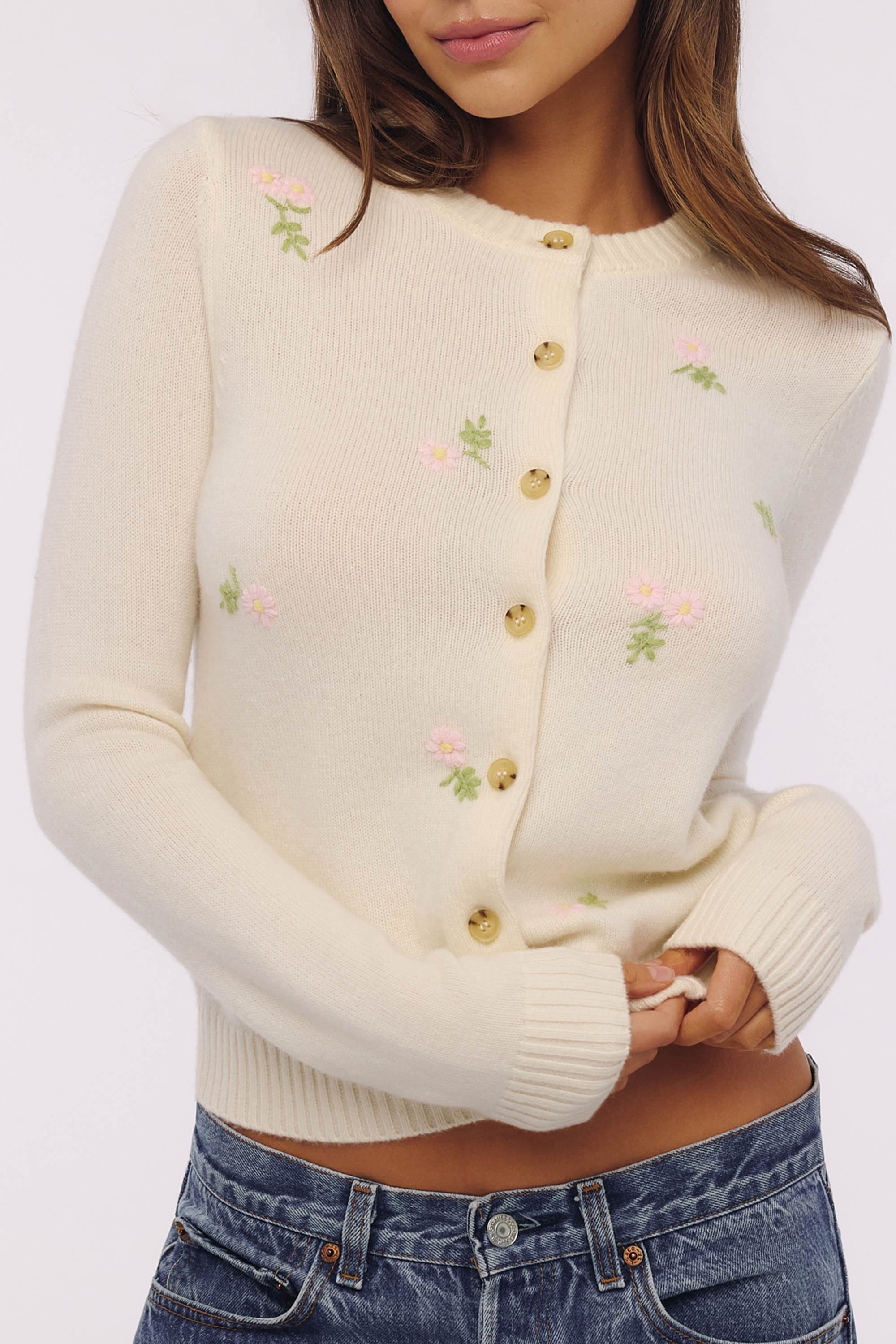 poppie cream wool + cashmere pink floral embroidered cardigan