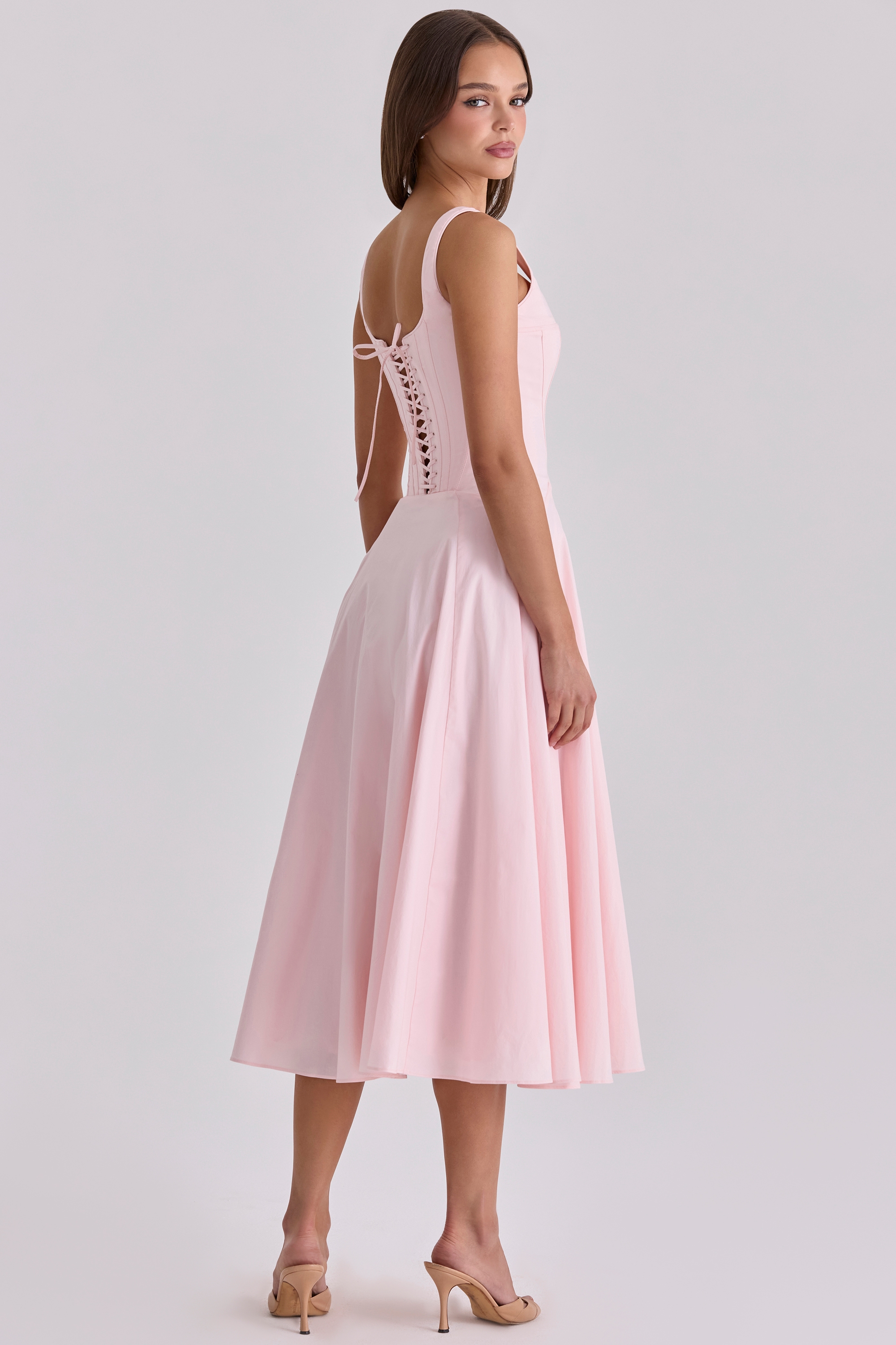 Jaime  Pink Cotton Lace Up Midi Sundress — image 7