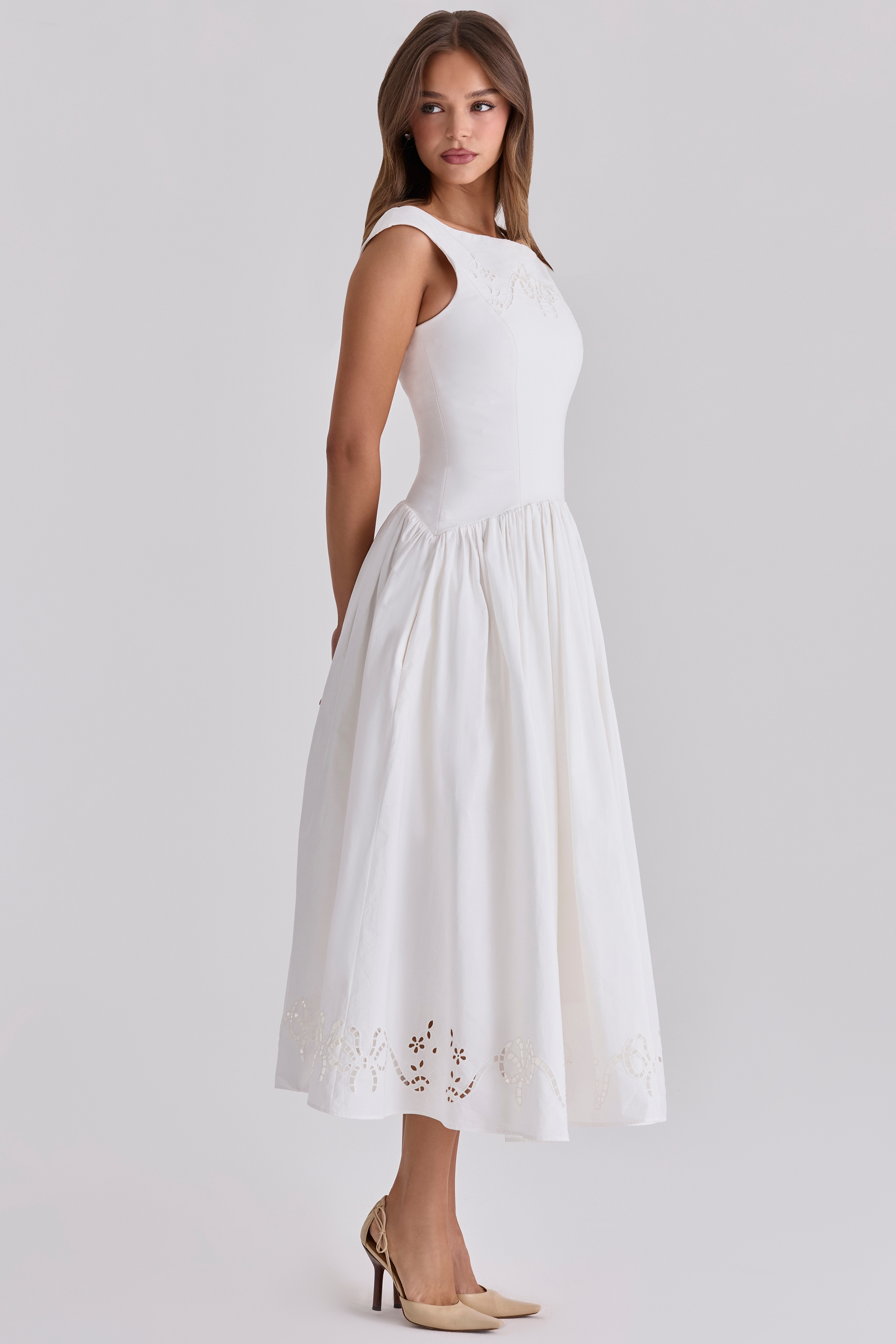 Lauren  White Cotton Broderie Anglaise Boat Neck Maxi Dress — image 9