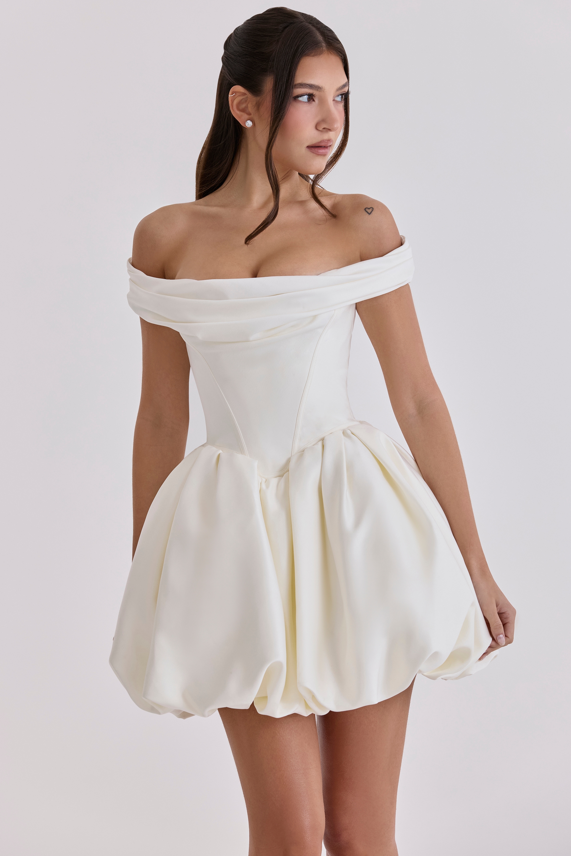 Leonora  Ivory Satin Off Shoulder Mini Bridal Gown — image 7