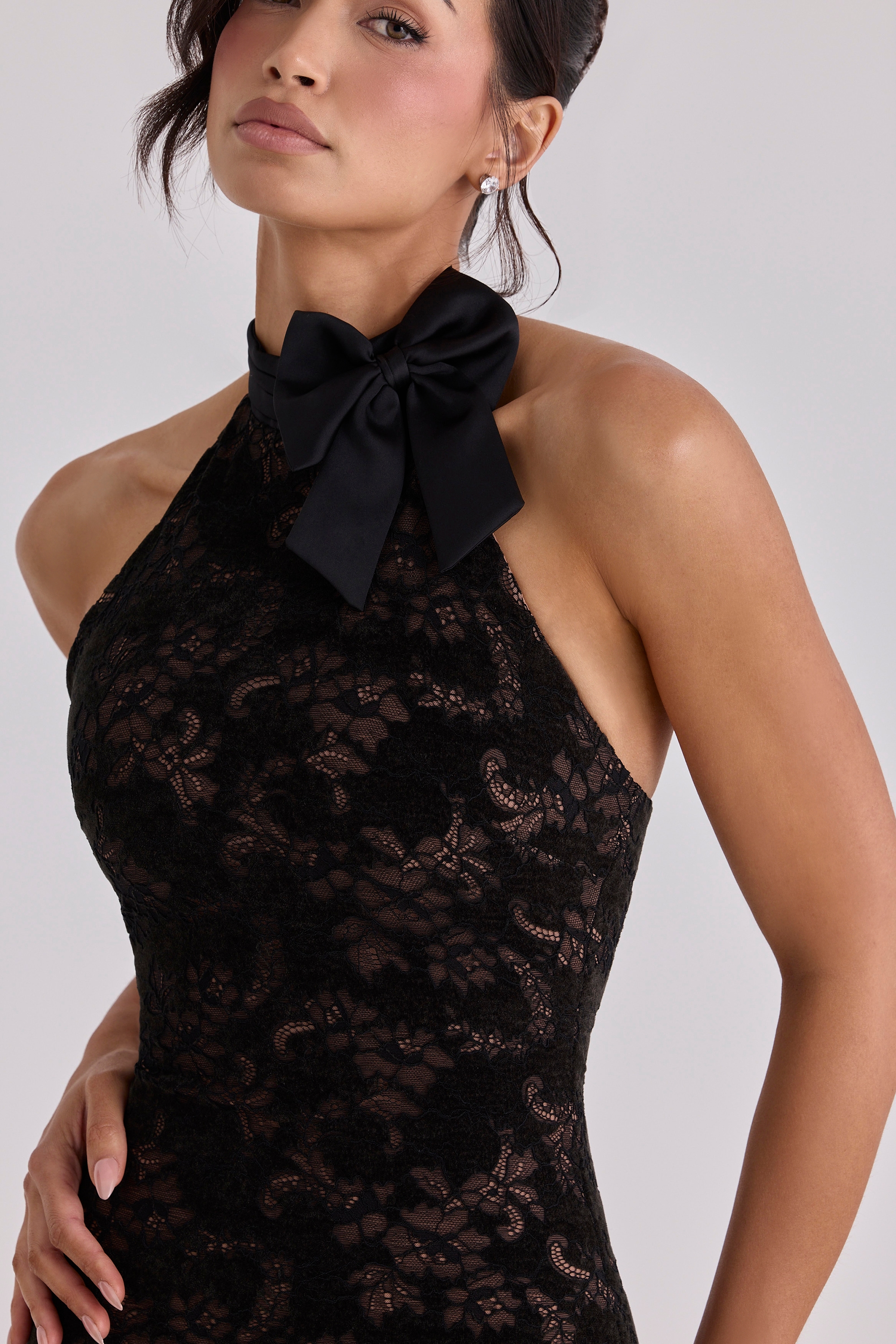 Natalya  Black Lace High Neck Mini Dress With Detachable Bow — image 3