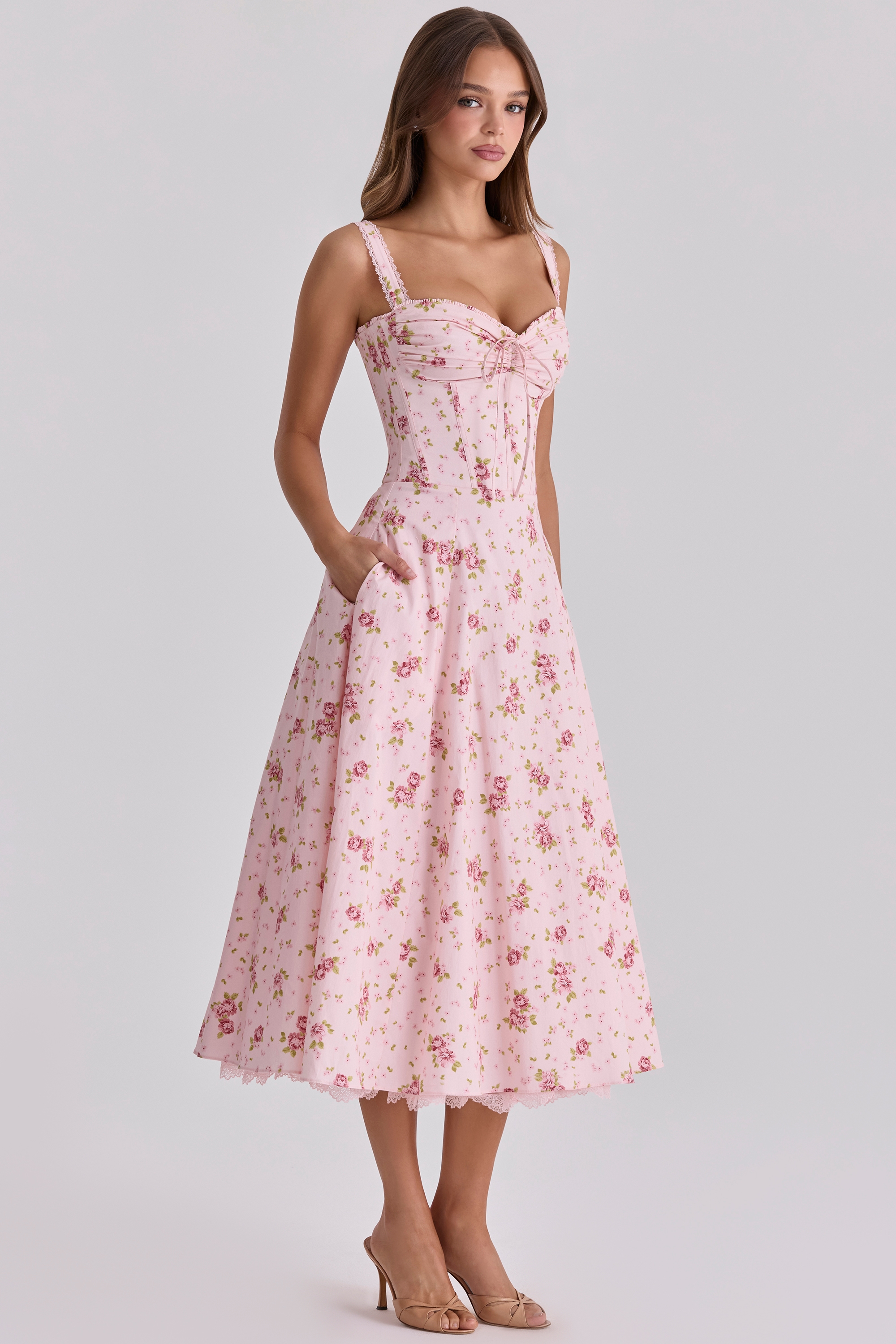 Rosalee  Vintage Rose Pink Floral Print Midi Dress — image 8