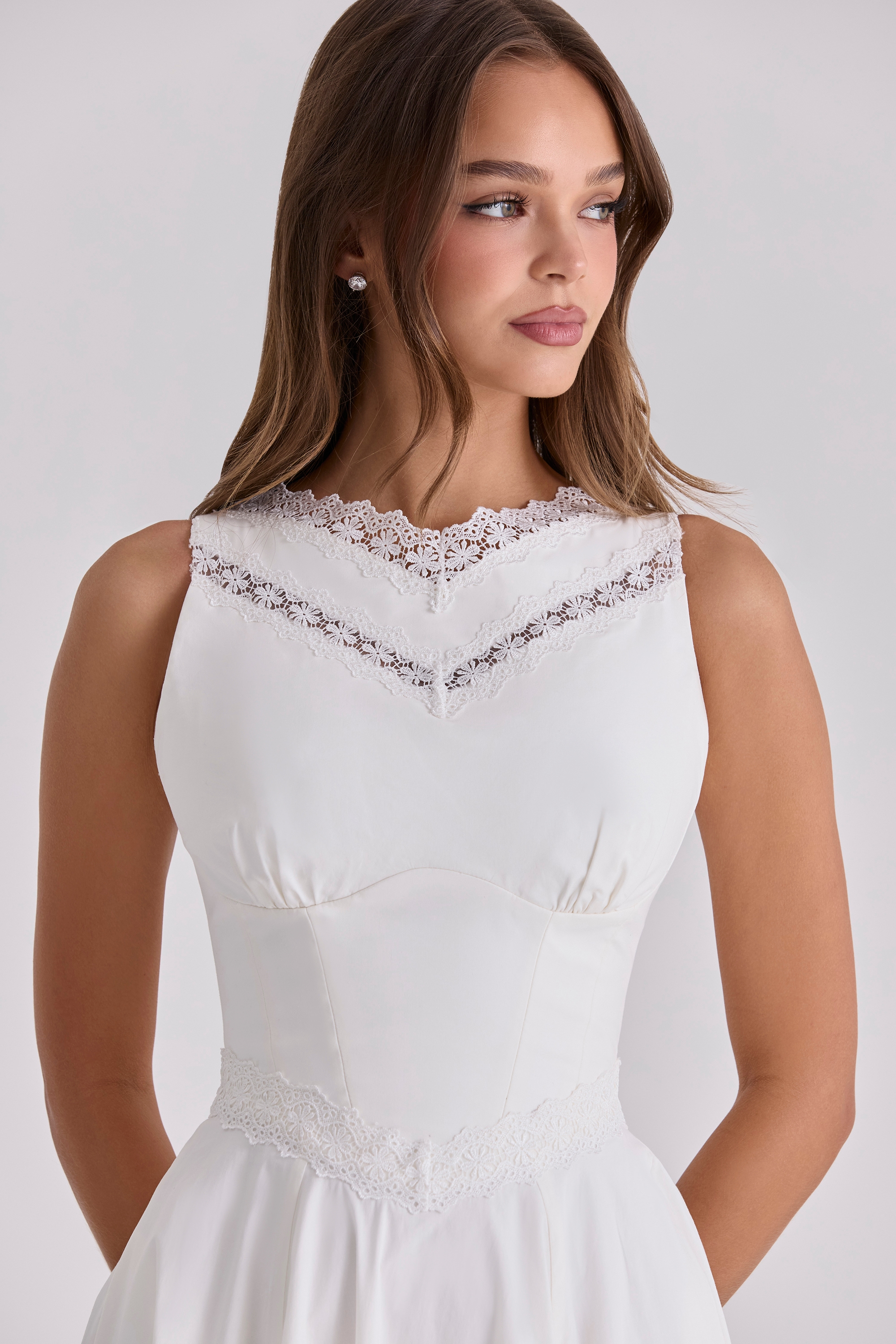Scarlett  White Cotton Lace Trim Waist Cinch Midi Dress — image 8