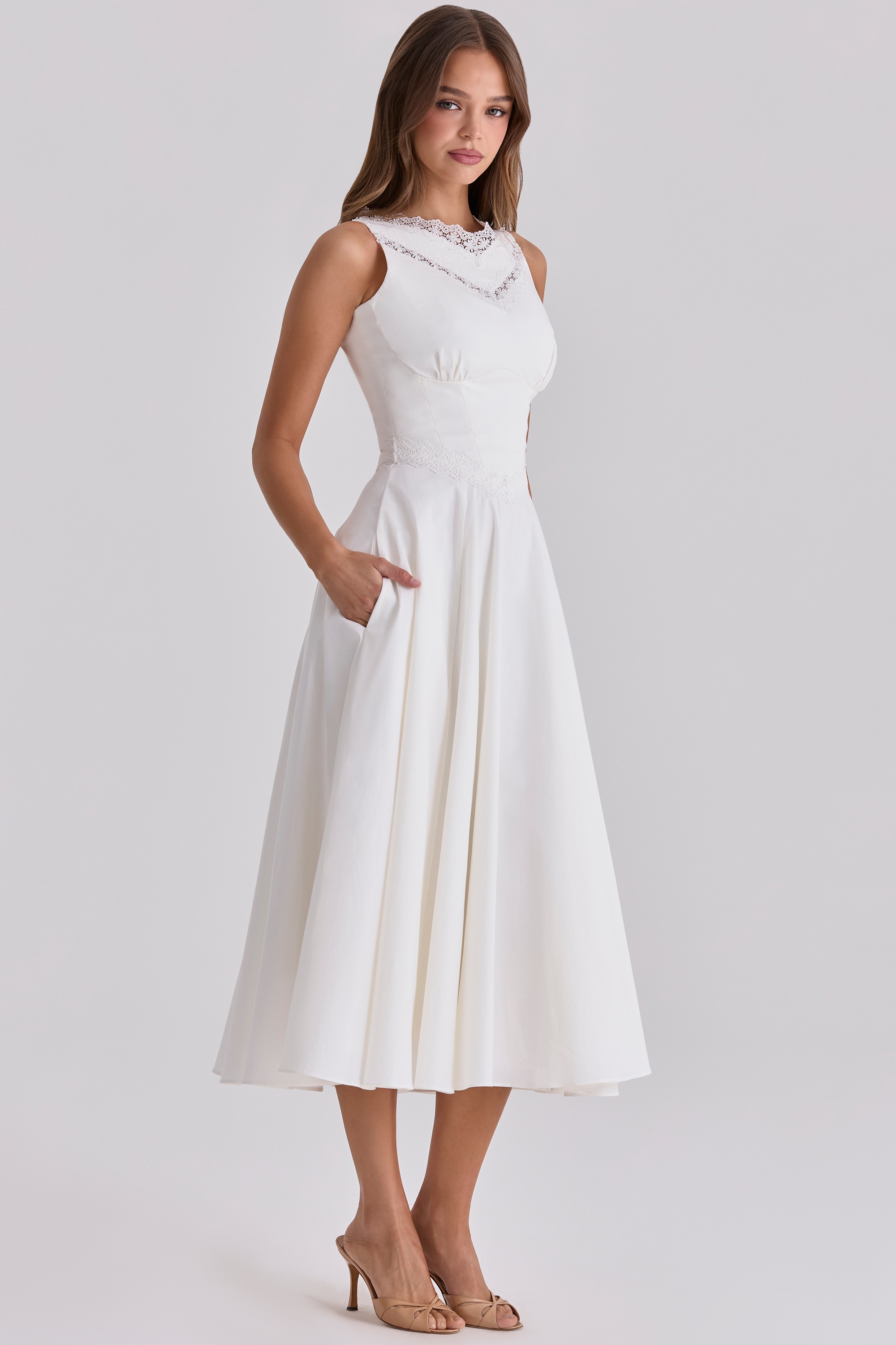 Scarlett  White Cotton Lace Trim Waist Cinch Midi Dress — image 9