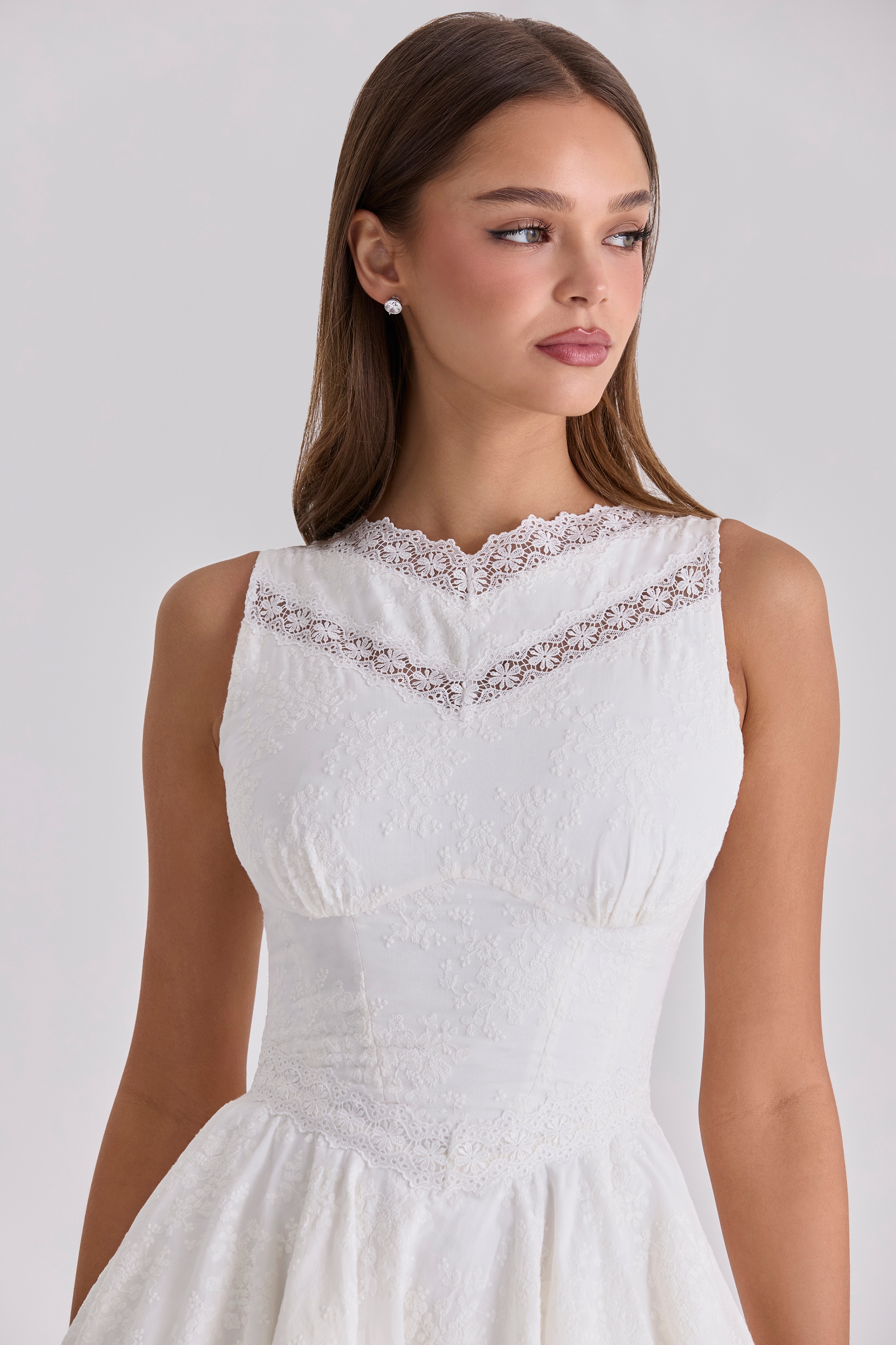 Scarlett  White Embroidered Cotton Lace Trim Mini Dress — image 3