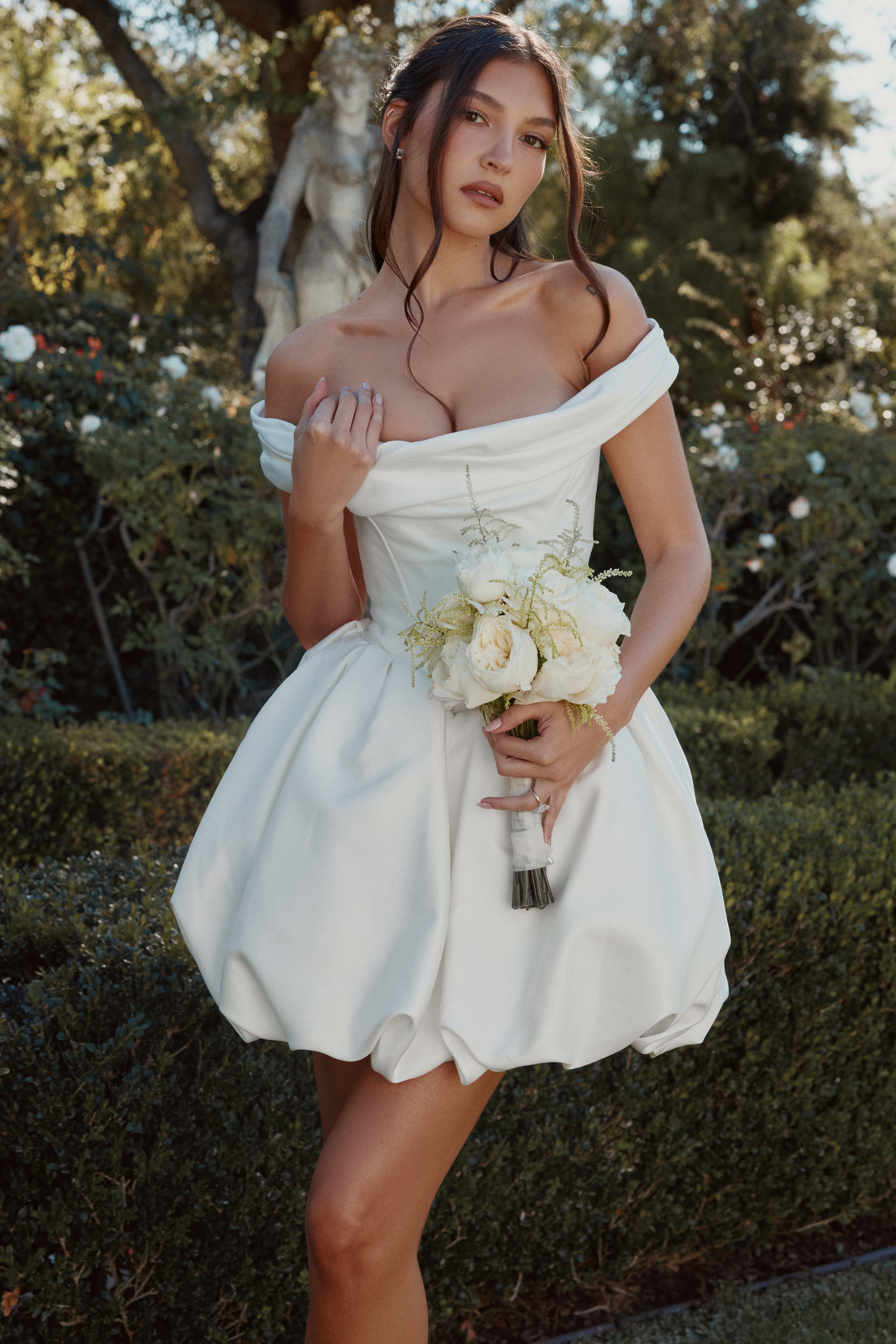 Leonora  Ivory Satin Off Shoulder Mini Bridal Gown — image 4