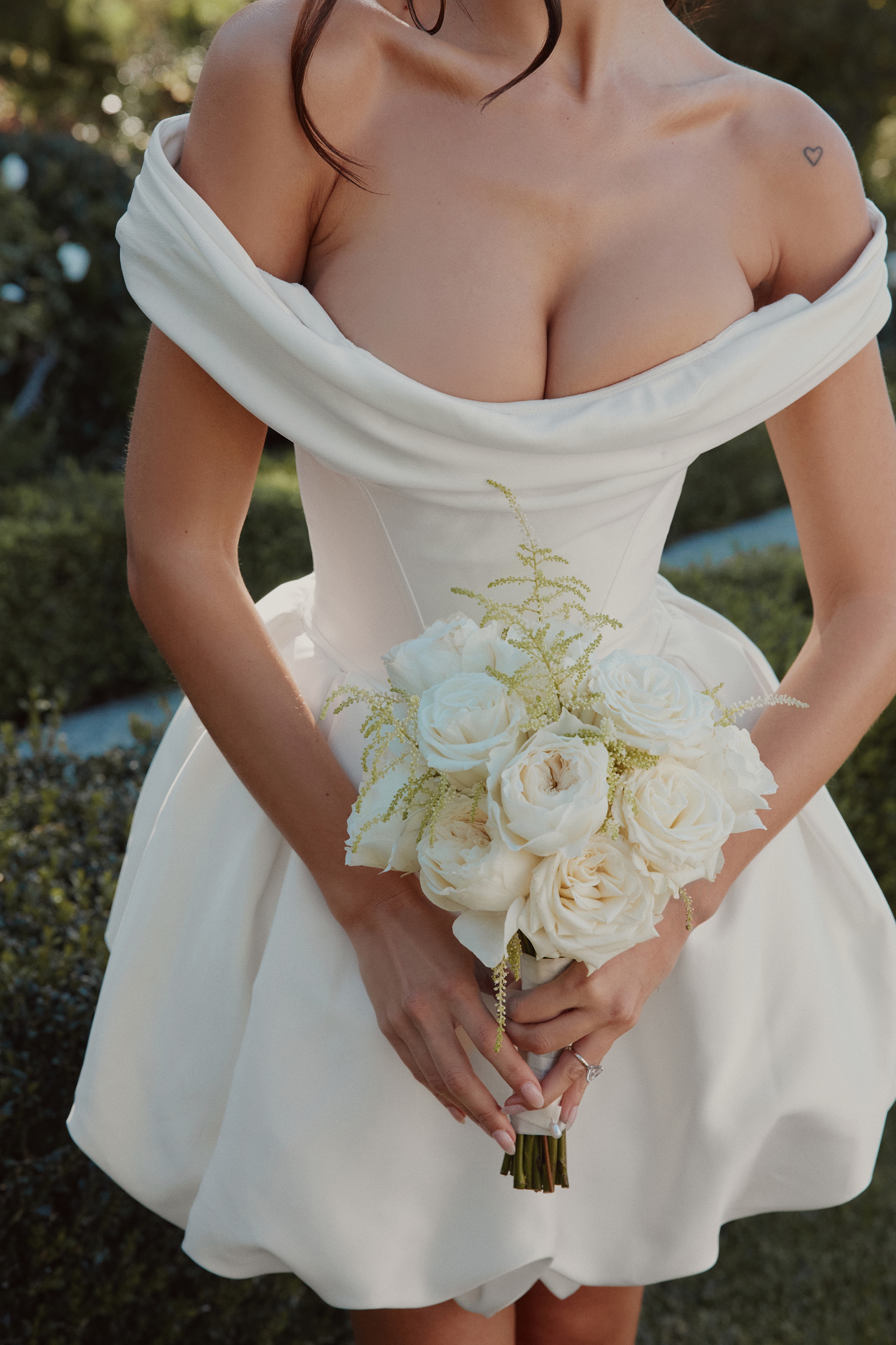 Leonora  Ivory Satin Off Shoulder Mini Bridal Gown — image 3