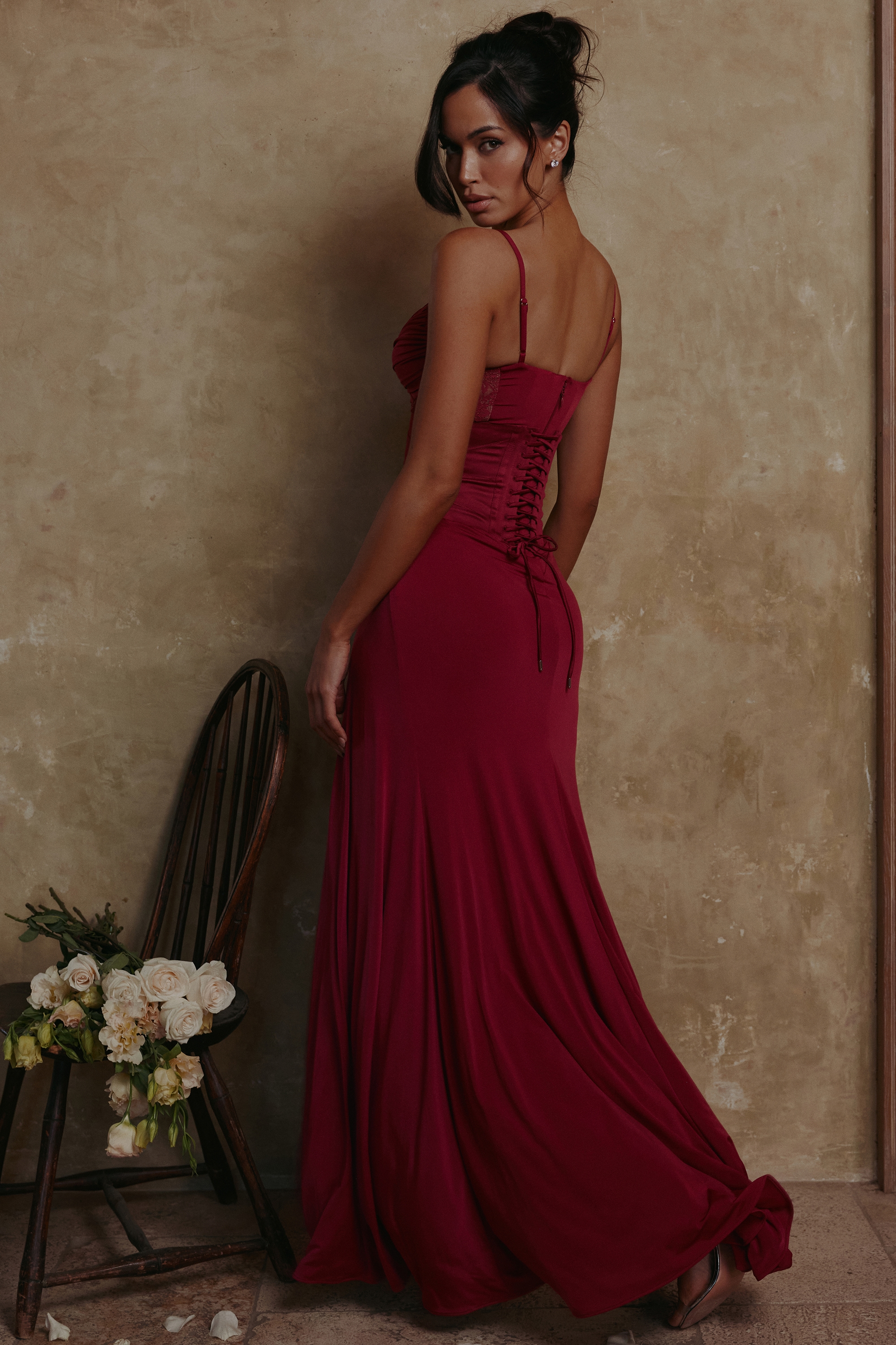 Sabrine  Wine Lace Trim Maxi Dress + Corset — image 12