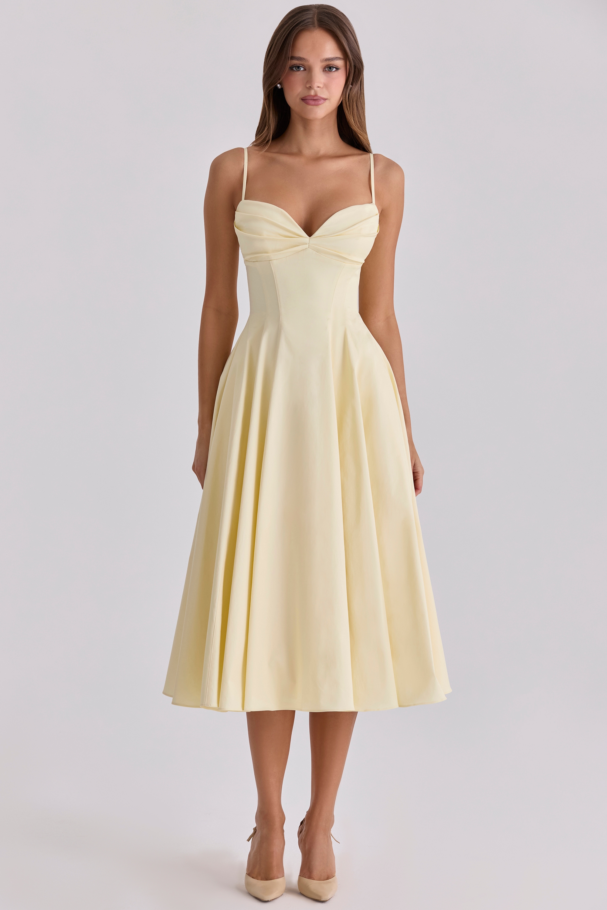 Dahlia Lemon Cotton Princess Cut  Midi Sundress