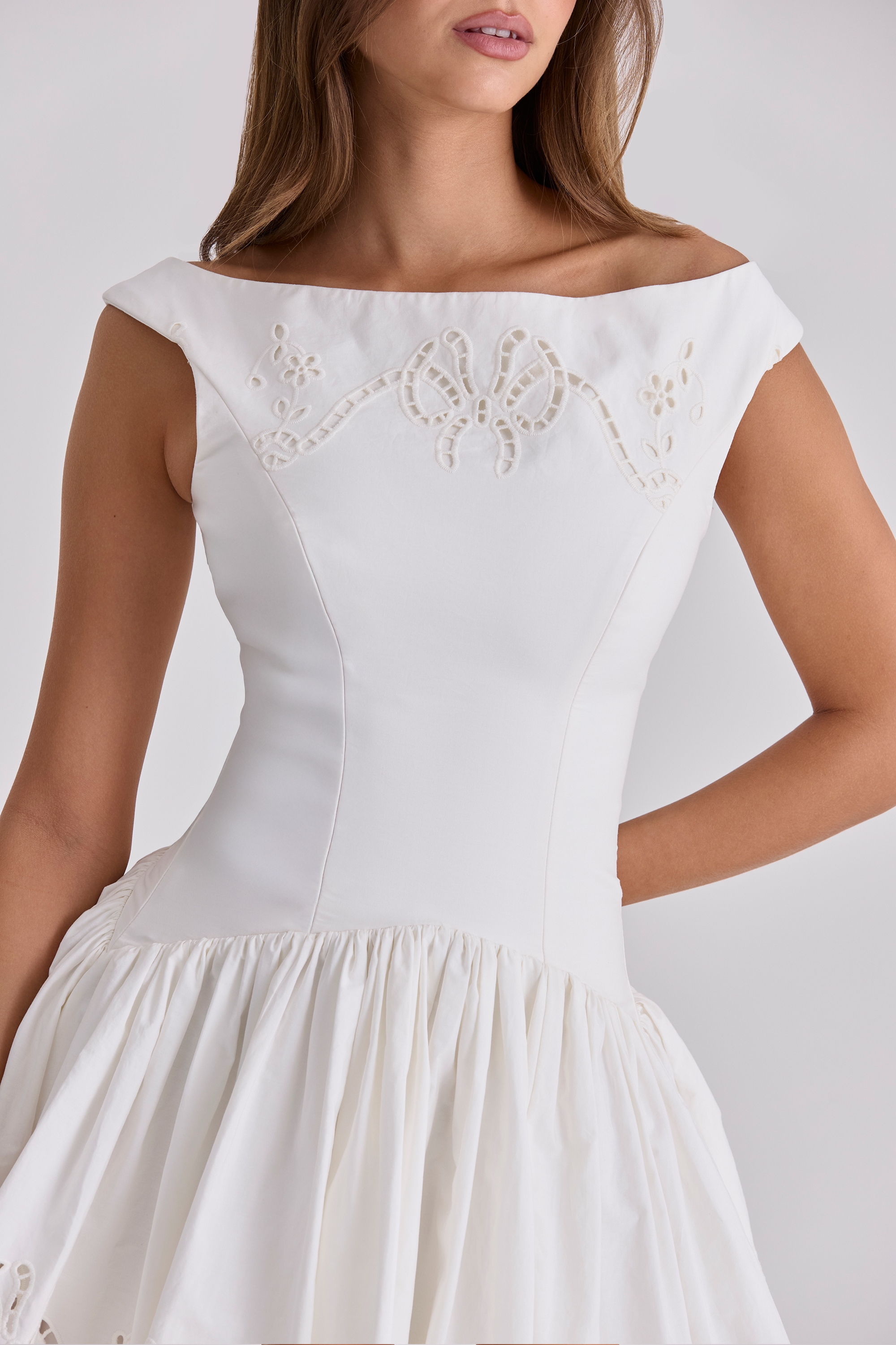 Lauren  White Cotton Broderie Anglaise Boat Neck Mini Dress — image 8