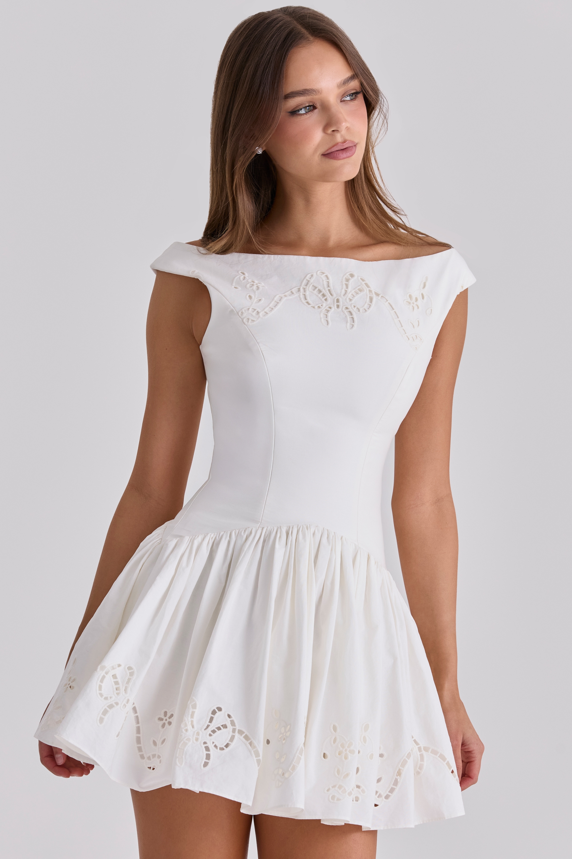 Lauren  White Cotton Broderie Anglaise Boat Neck Mini Dress — image 10