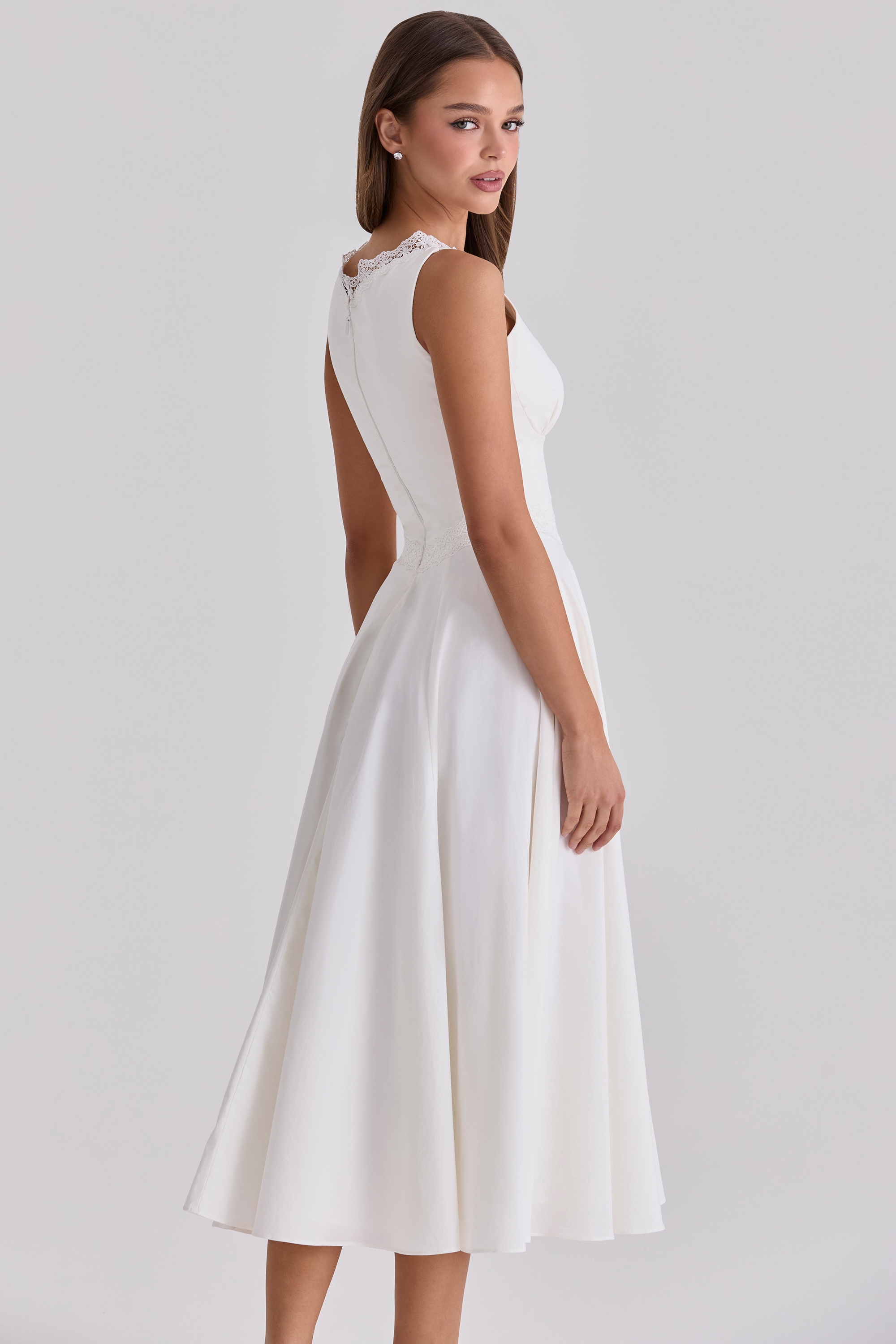 Scarlett  White Cotton Lace Trim Waist Cinch Midi Dress — image 11