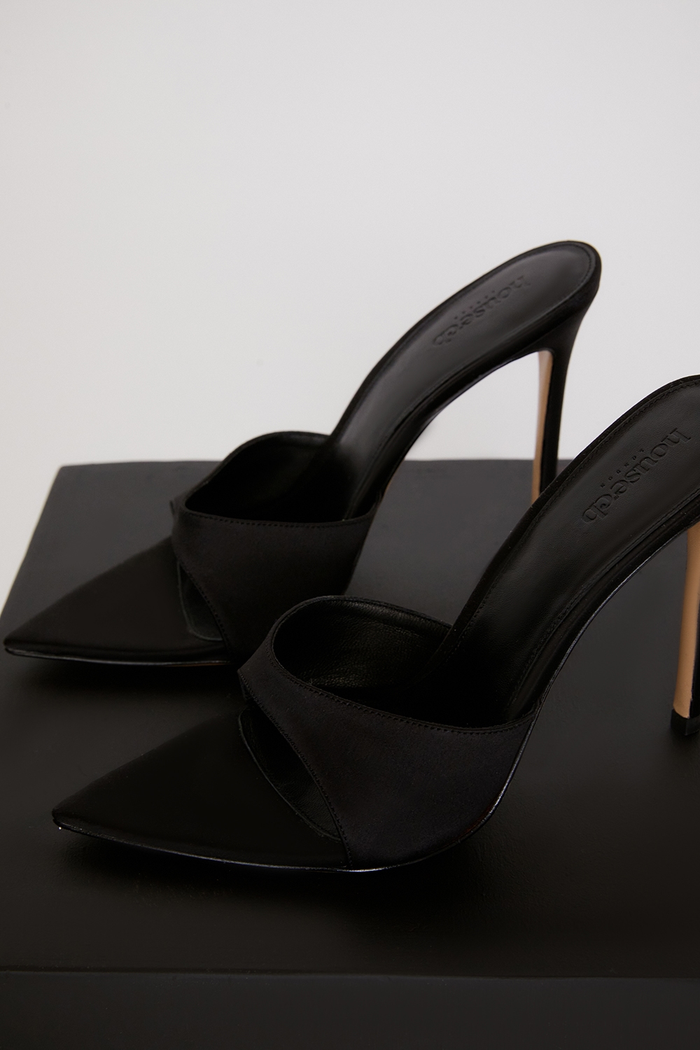 Bella  Black Satin Pointed High Heel Mules — image 2
