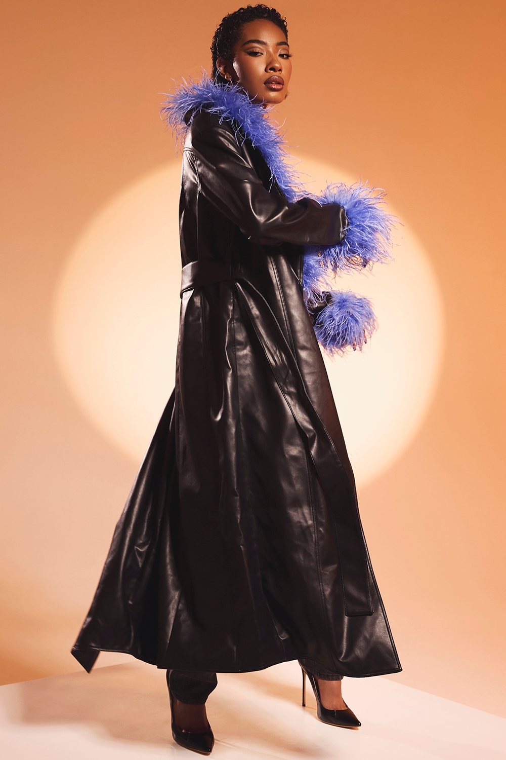 Calista  Black Vegan Leather Belted Feather Trim Maxi Coat — image 8