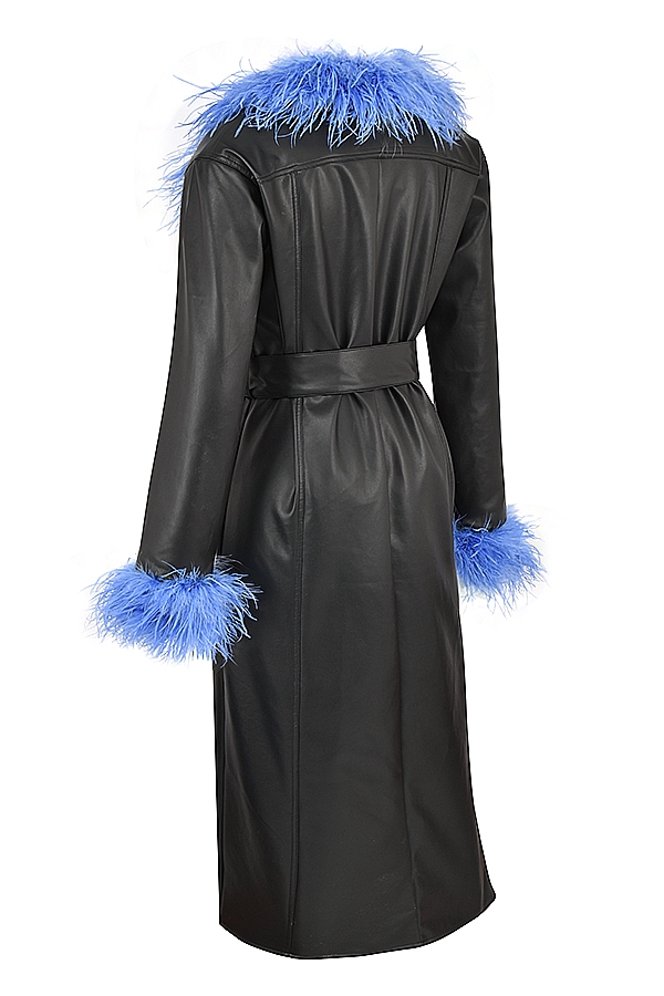Calista  Black Vegan Leather Belted Feather Trim Maxi Coat — image 10