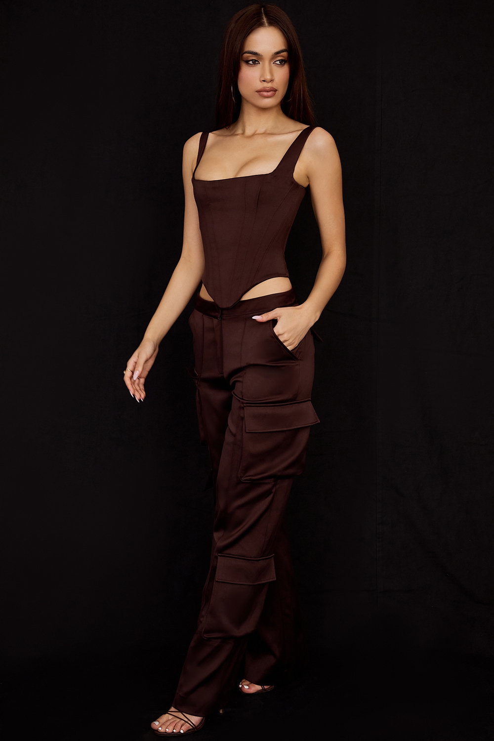 Daria  Chocolate Satin Cargo Trousers — image 6